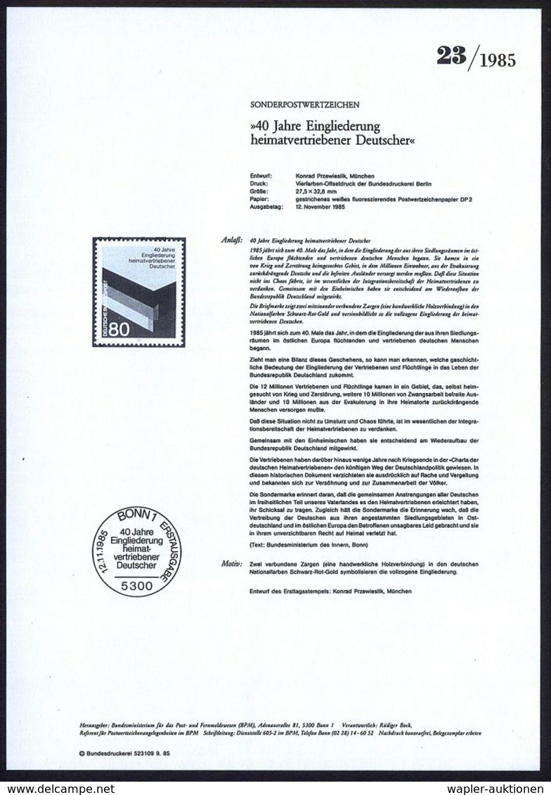 VERTRIEBENE / FLÜCHTLINGE : B.R.D. 1985 (Nov.) 80 Pf. "40 Jahre Eingliederung Heimatvertriebener Deutscher" Mit Amtl. Ha - Flüchtlinge