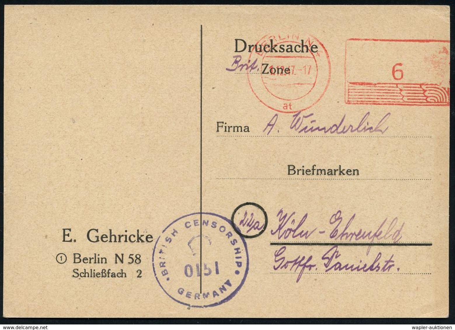 WESTZONEN / BIZONE / TRIZONE (BIS 1949) : BERLIN N4/ At 1947 (1.12.) Aptierter PFS "Adlerkopf/Hakenkreuz" Entfernt + Ins - Sonstige & Ohne Zuordnung