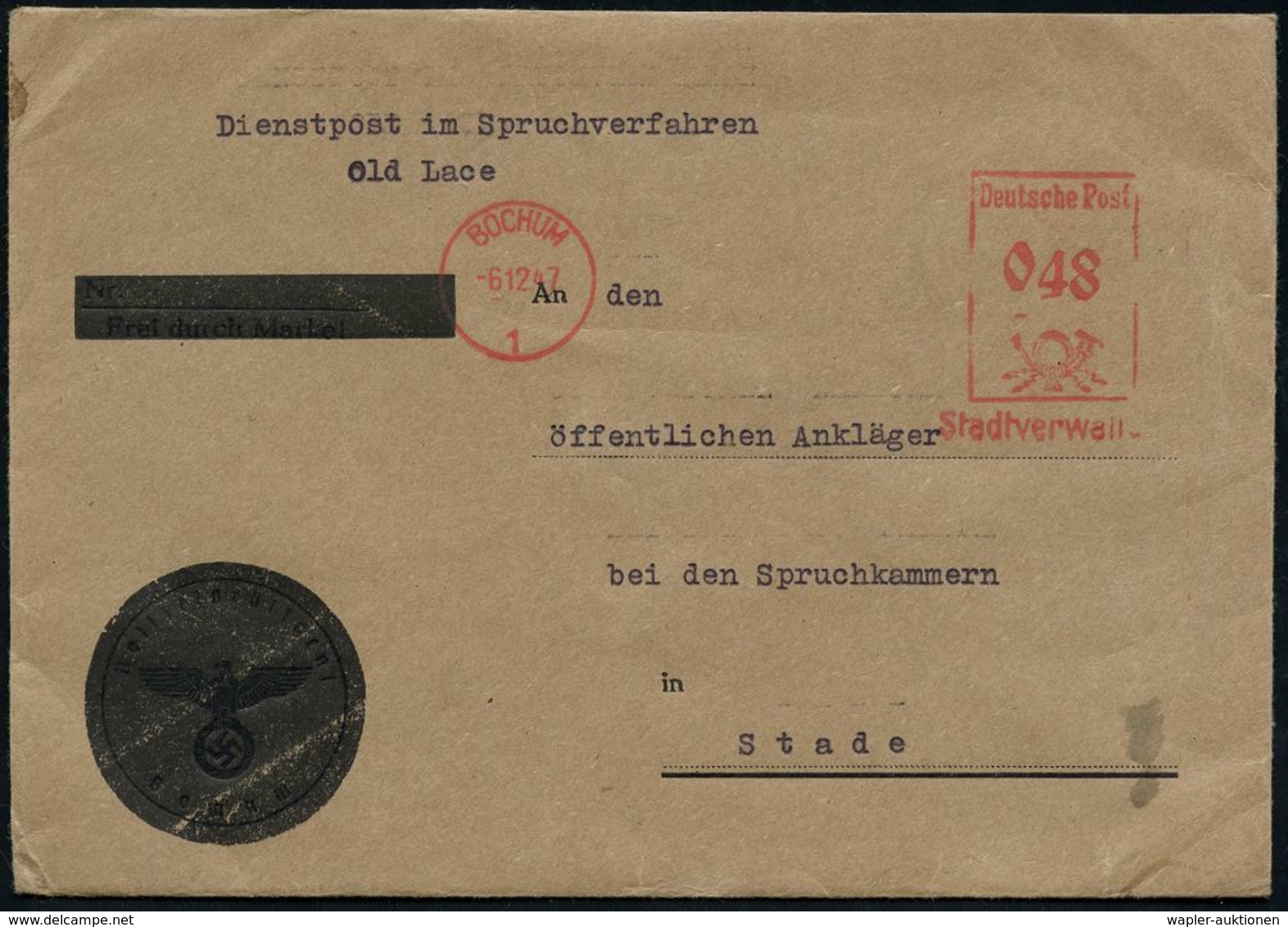 WESTZONEN / BIZONE / TRIZONE (BIS 1949) : BOCHUM/ 1/ Stadtverwaltung 1947 (6.12.) AFS 048 Pf. Auf Entnazifiziertem Diens - Autres & Non Classés