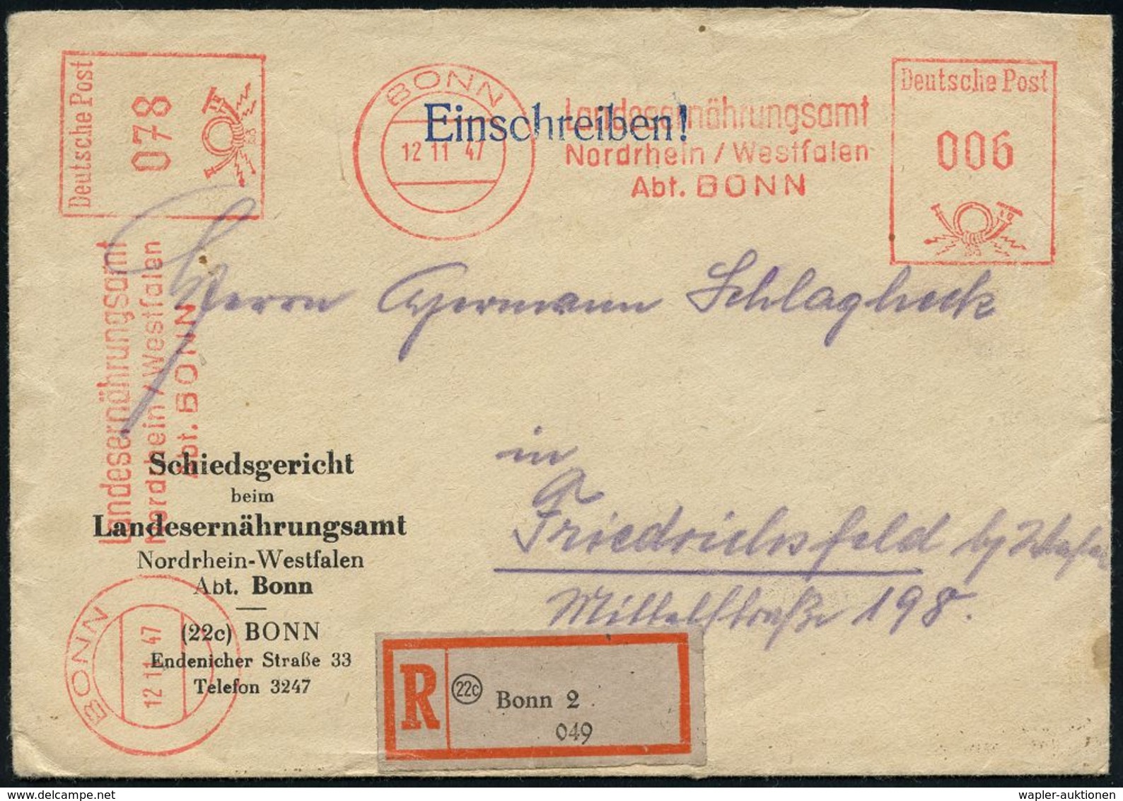 WESTZONEN / BIZONE / TRIZONE (BIS 1949) : BONN/ Landesernährungsamt/ Nordrhein-Westfalen.. 1947 (12.11.) AFS 006 Pf. + 0 - Altri & Non Classificati