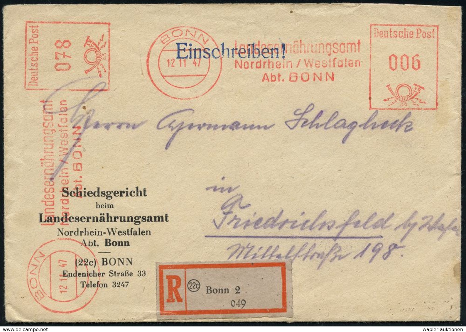 WESTZONEN / BIZONE / TRIZONE (BIS 1949) : BONN/ Landesernährungsamt/ Nordrhein-Westfalen.. 1947 (12.11.) AFS 006 Pf. + 0 - Autres & Non Classés
