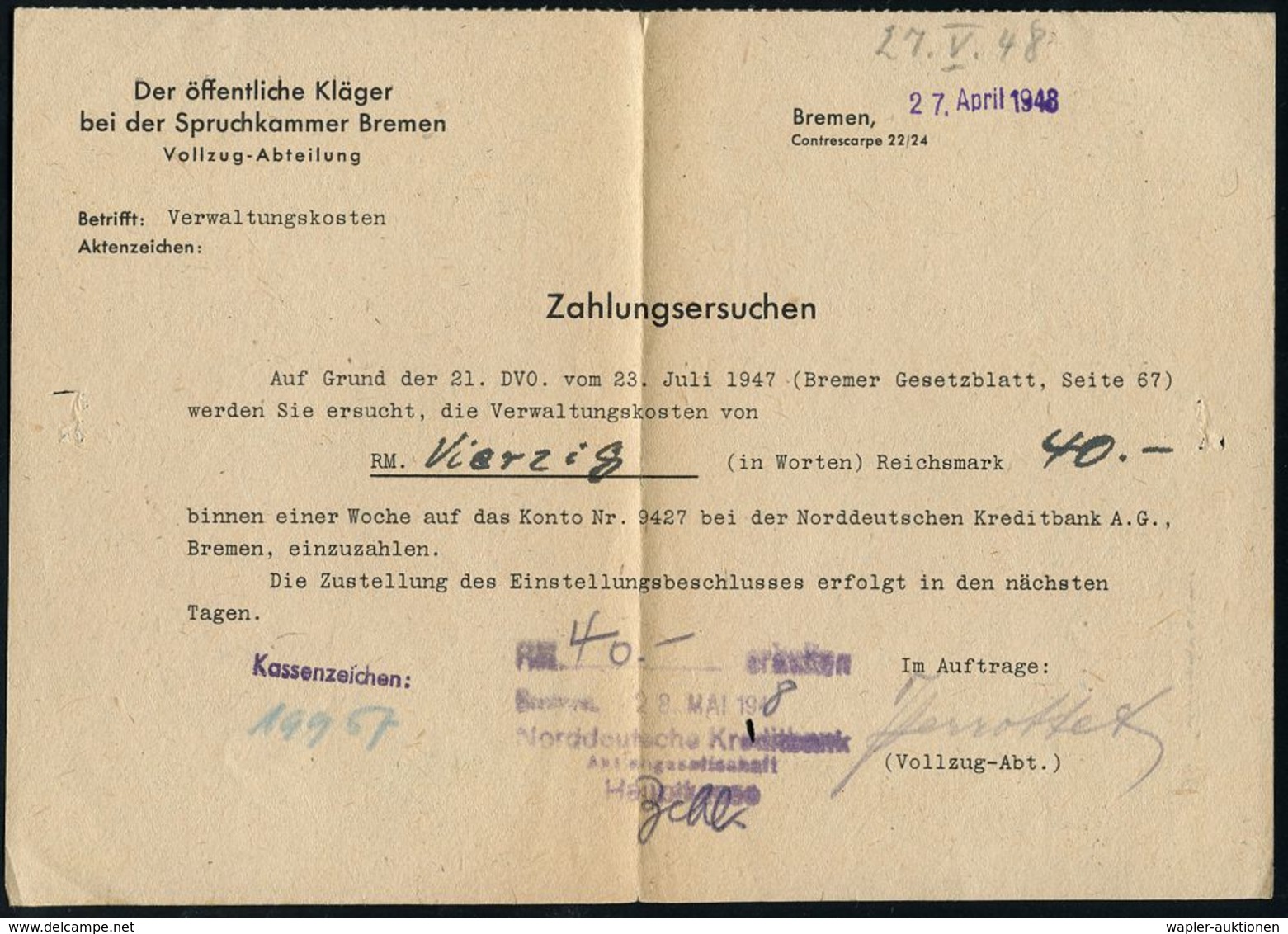 WESTZONEN / BIZONE / TRIZONE (BIS 1949) : BREMEN 1/ Bremen/ Schlüssel Zur Welt 1948 (26.5.) AFS 016 Pf. (Globus, Schlüss - Autres & Non Classés