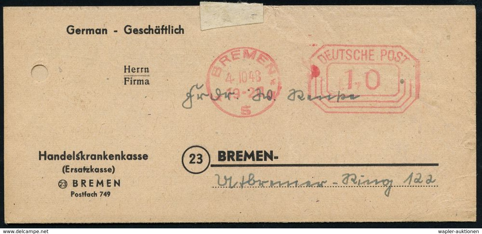 WESTZONEN / BIZONE / TRIZONE (BIS 1949) : BREMEN/ 5/ DEUTSCHE POST 1948 (4.10.) PFS 10 Pf. Auf Falt-Bf.: Handelskrankenk - Autres & Non Classés