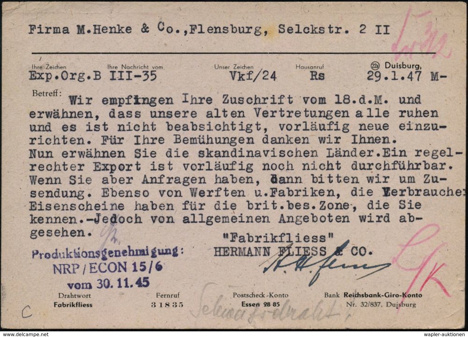 WESTZONEN / BIZONE / TRIZONE (BIS 1949) : DUISBURG/ 1/ FABRIK FLIESS 1947 (28.1.) Total Aptierter AFS = Wertrahmen Kompl - Autres & Non Classés