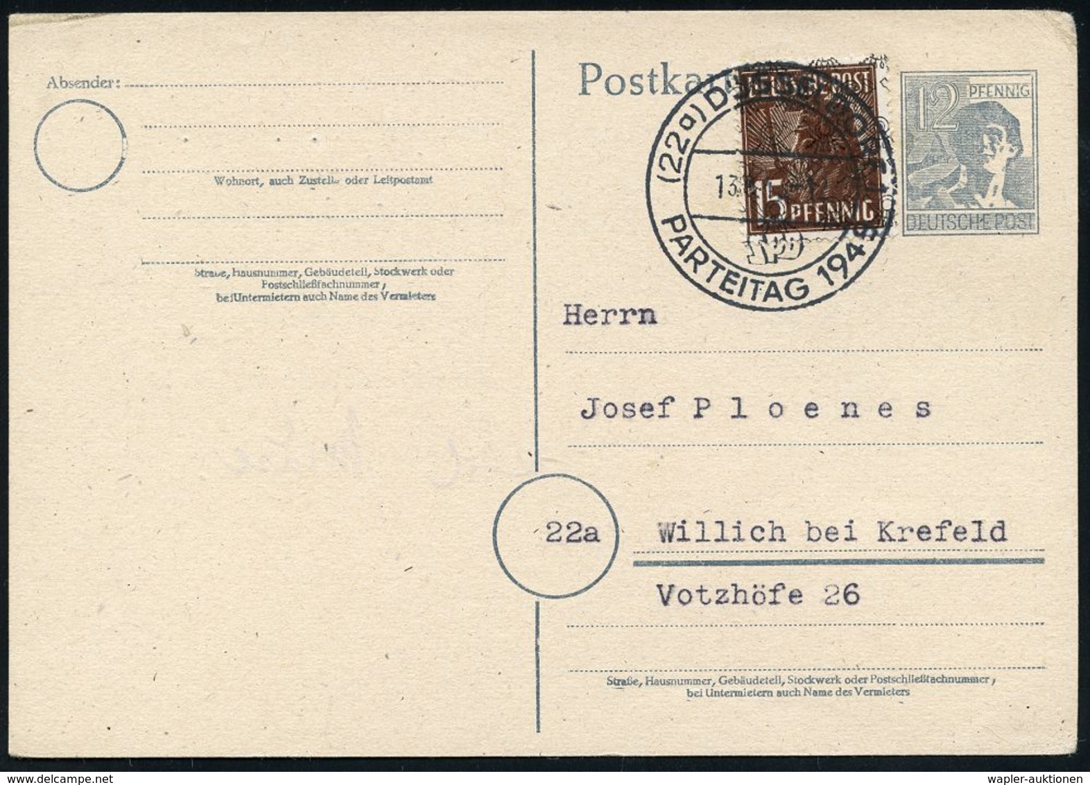 WESTZONEN / BIZONE / TRIZONE (BIS 1949) : (22a) DÜSSELDORF 1/ SPD/ PARTEITAG 1948 (Sept.) SSt Klar Auf Inl.-Karte (Bo.61 - Autres & Non Classés
