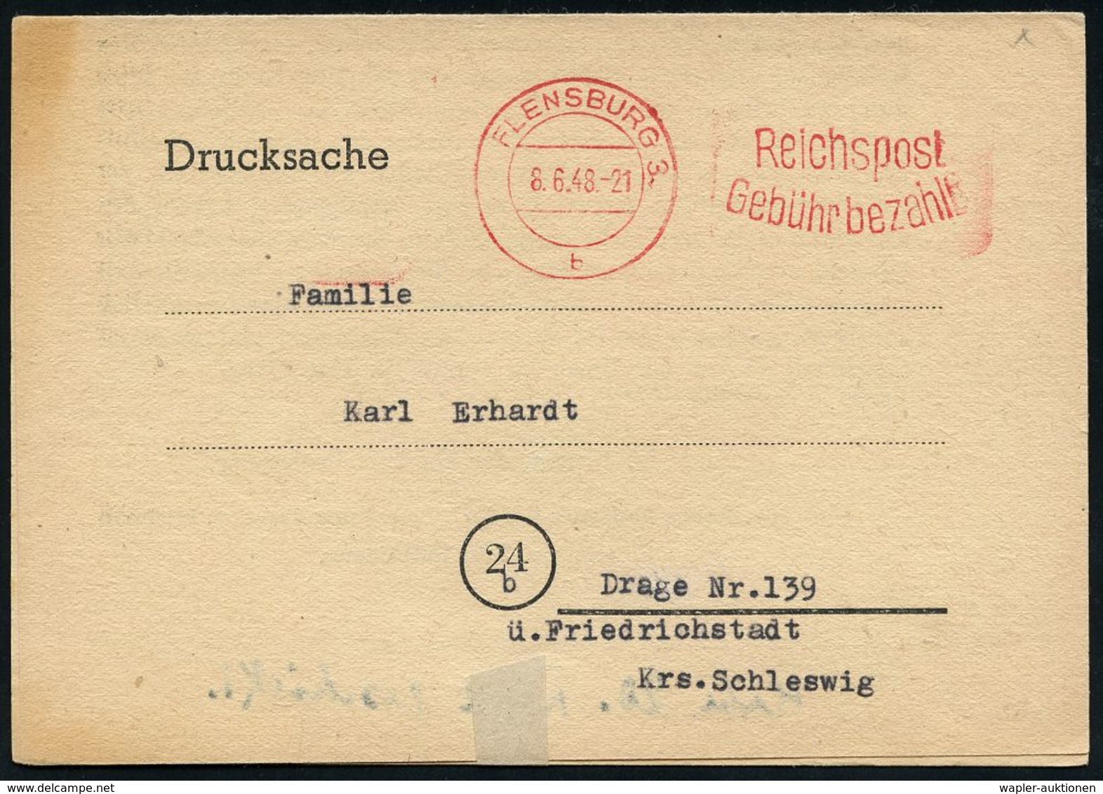 WESTZONEN / BIZONE / TRIZONE (BIS 1949) : FLENSBURG 3/ Reichspost/ Gebühr Bezahlt 1948 (8.6.) Seltener PFS Auf Interess. - Altri & Non Classificati