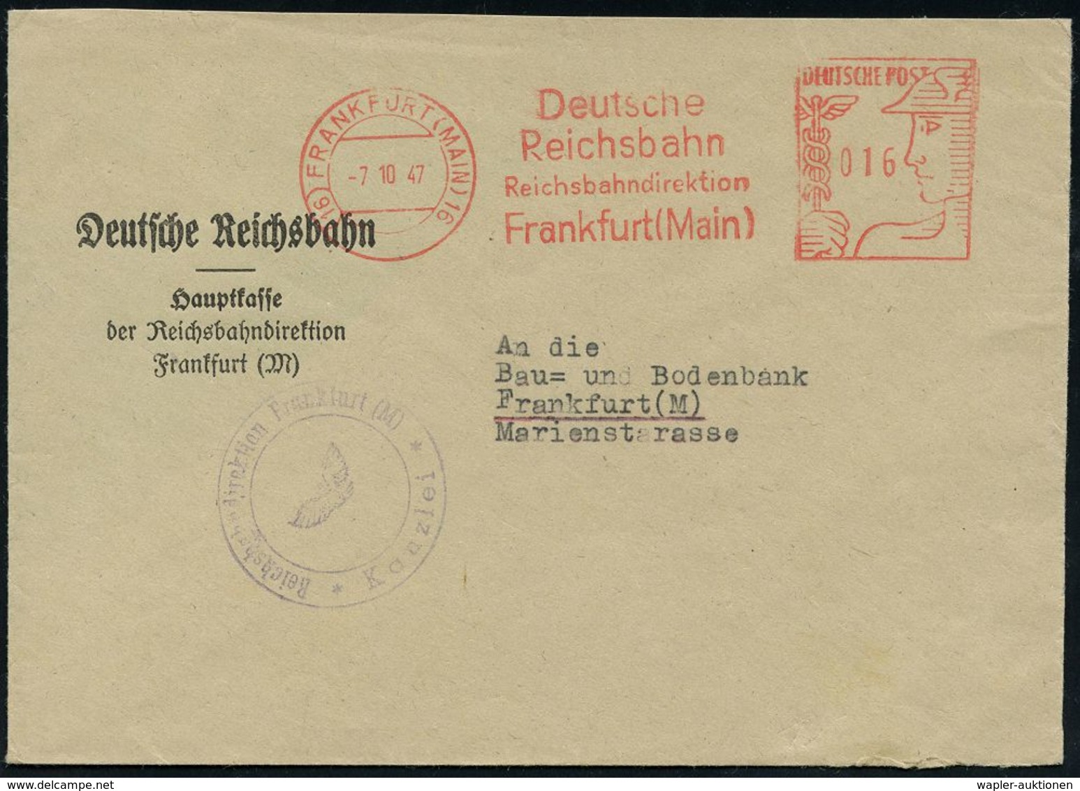 WESTZONEN / BIZONE / TRIZONE (BIS 1949) : (16) FRANKFURT (MAIN) 16/ Deutsche/ Reichsbahn/ Reichsbahndirektion.. 1947 (7. - Autres & Non Classés