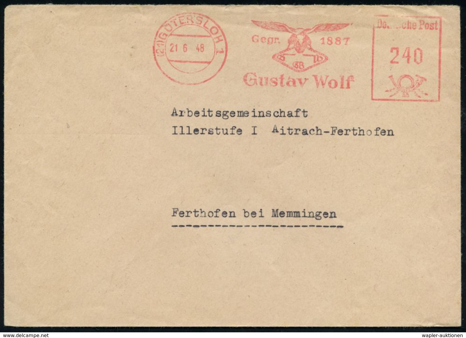 WESTZONEN / BIZONE / TRIZONE (BIS 1949) : (21) GÜTERSLOH 1/ Gegr.1887/ Gustav Wolf 1948 (21.6.) Seltener AFS 240 Pf. Zeh - Other & Unclassified