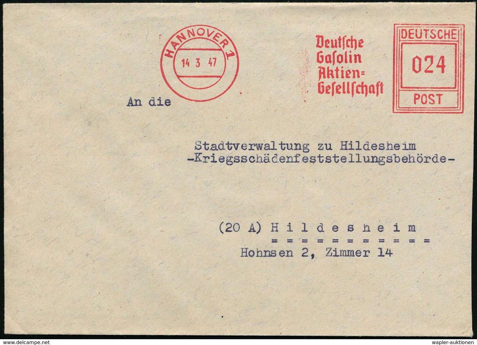 WESTZONEN / BIZONE / TRIZONE (BIS 1949) : HANNOVER 1/ Deutsche/ Gasolin/ Aktien=/ Gesellschaft 1947 (14.3.) Seltener AFS - Altri & Non Classificati