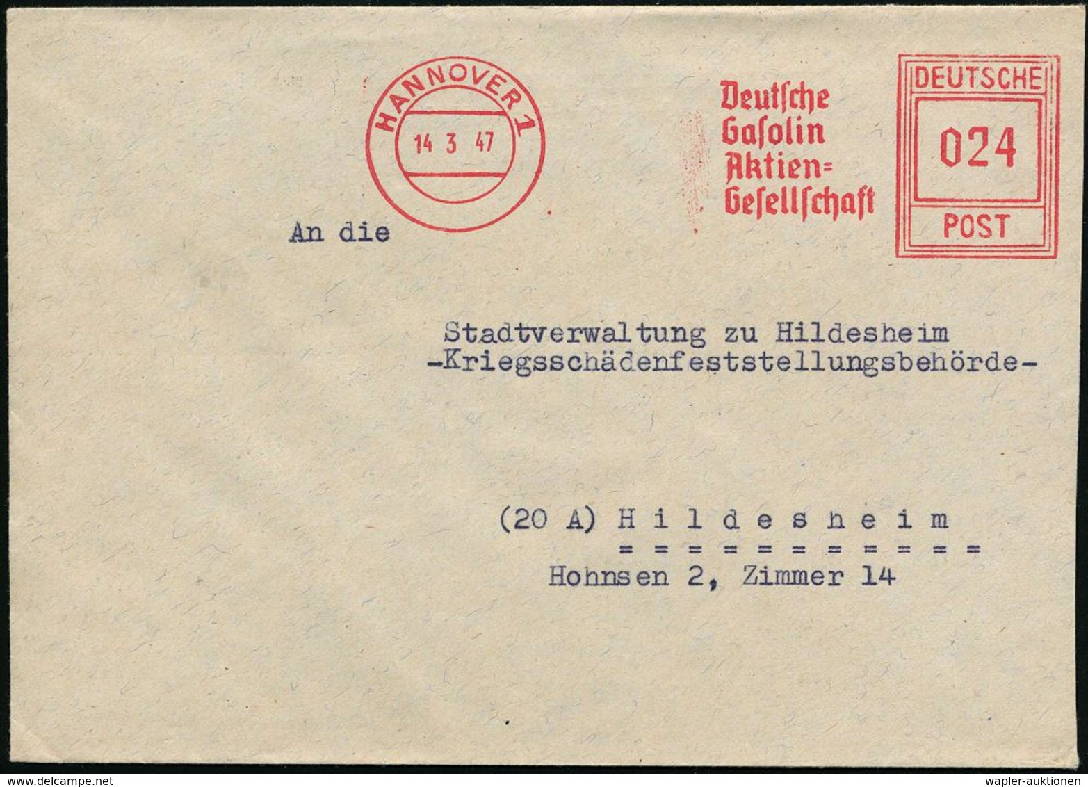 WESTZONEN / BIZONE / TRIZONE (BIS 1949) : HANNOVER 1/ Deutsche/ Gasolin/ Aktien=/ Gesellschaft 1947 (14.3.) Seltener AFS - Autres & Non Classés