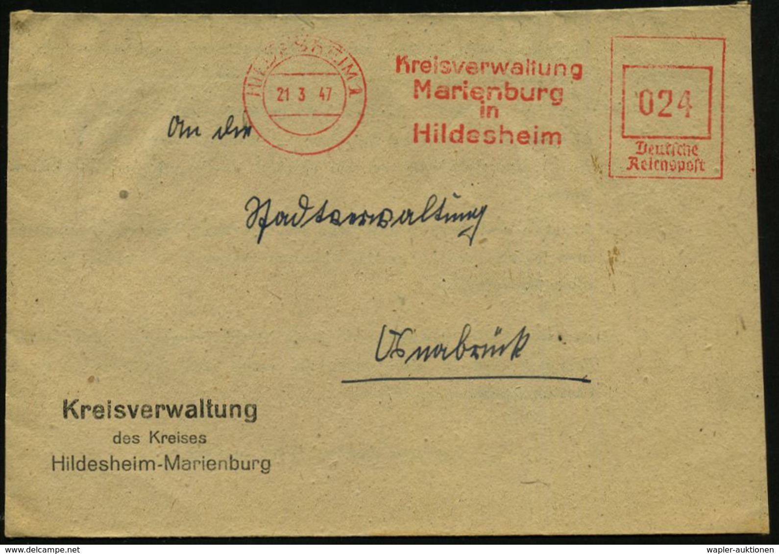 WESTZONEN / BIZONE / TRIZONE (BIS 1949) : HILDESHEIM 1/ Kreisverwaltung/ Marienburg.. 1947 (21.3.) Aptierter AFS = NS-Ad - Other & Unclassified