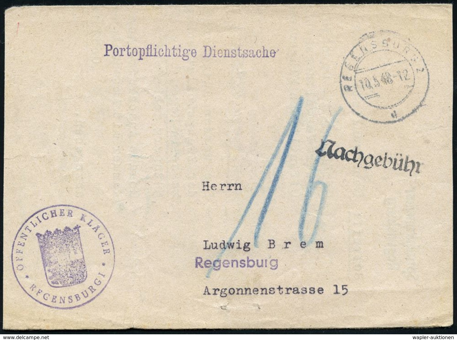 WESTZONEN / BIZONE / TRIZONE (BIS 1949) : REGENSBURG/ D 1948 (10.5.) 2K-Steg + 1L: Portoplichtige Dienstsache + 1L: Nach - Autres & Non Classés