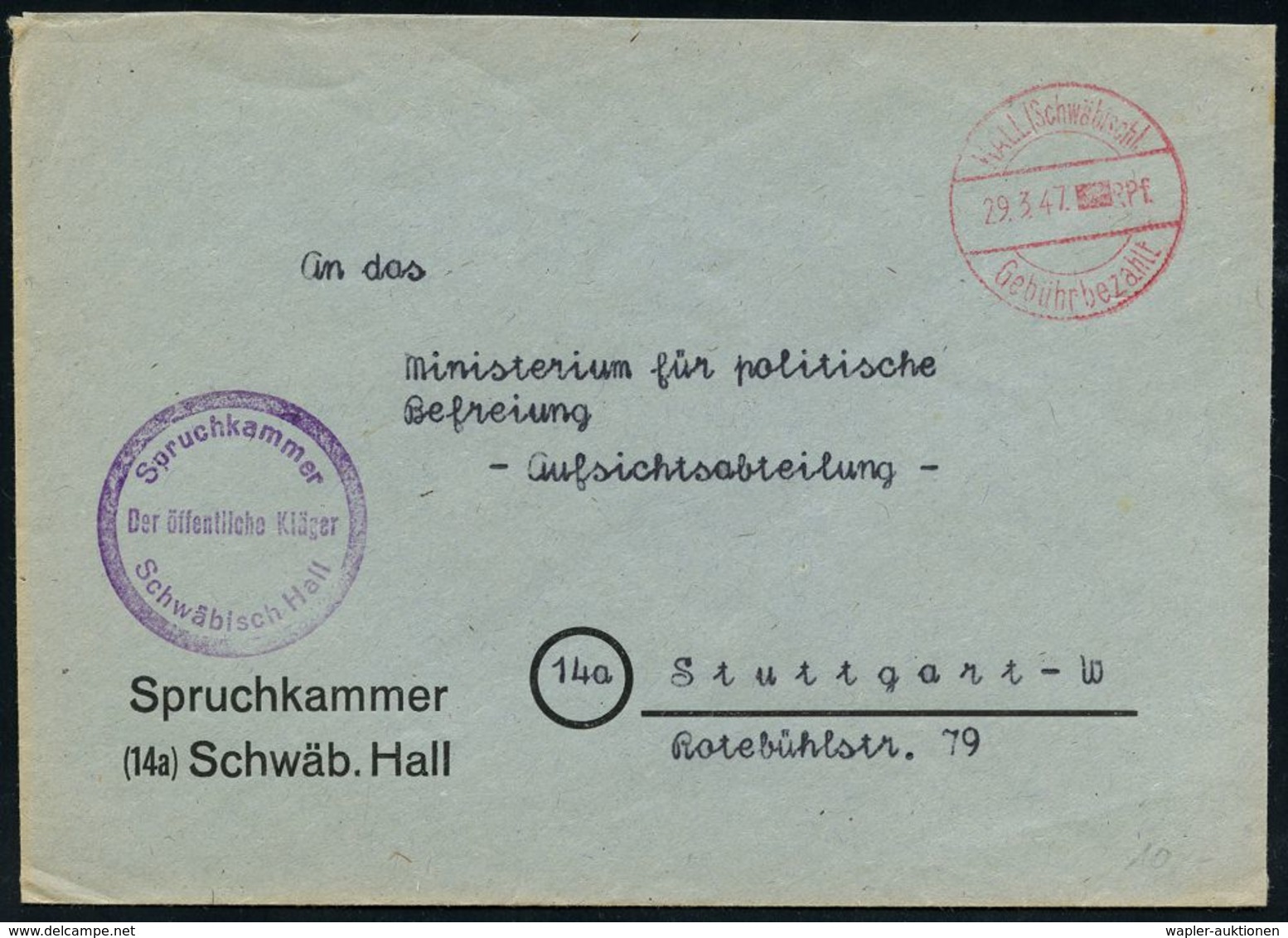WESTZONEN / BIZONE / TRIZONE (BIS 1949) : Schwäbisch Hall 1947 (29.3.) 1K-Brücken-PFS: HALL (SCHWÄB)/RPF./Gebühr Bezahlt - Other & Unclassified