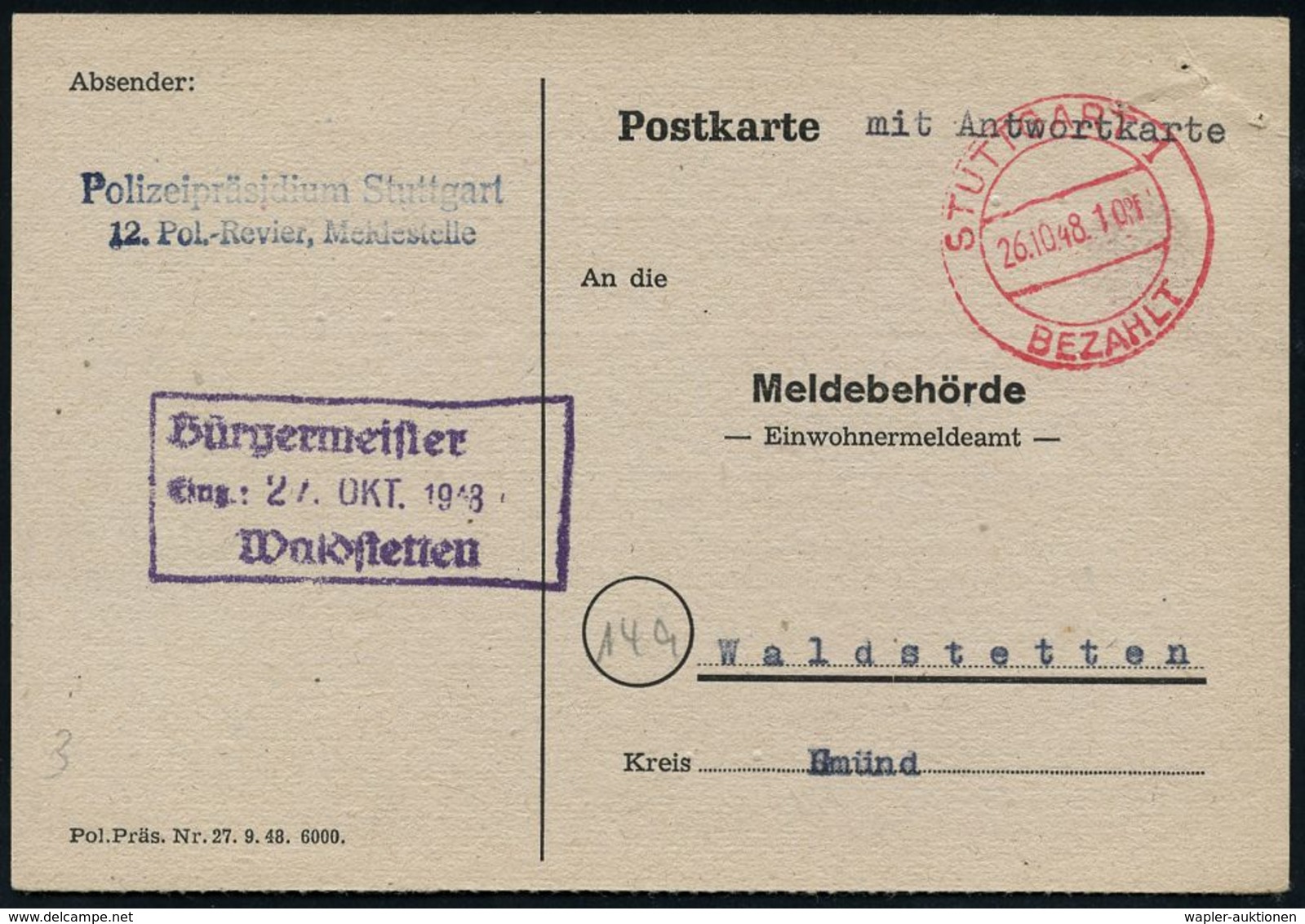 WESTZONEN / BIZONE / TRIZONE (BIS 1949) : STUTTGART 1/ BEZAHLT 1948 (26.10.) Gr. 2K-Steg-PFS 10 Pf + Abs.-2L: Polizeiprä - Autres & Non Classés