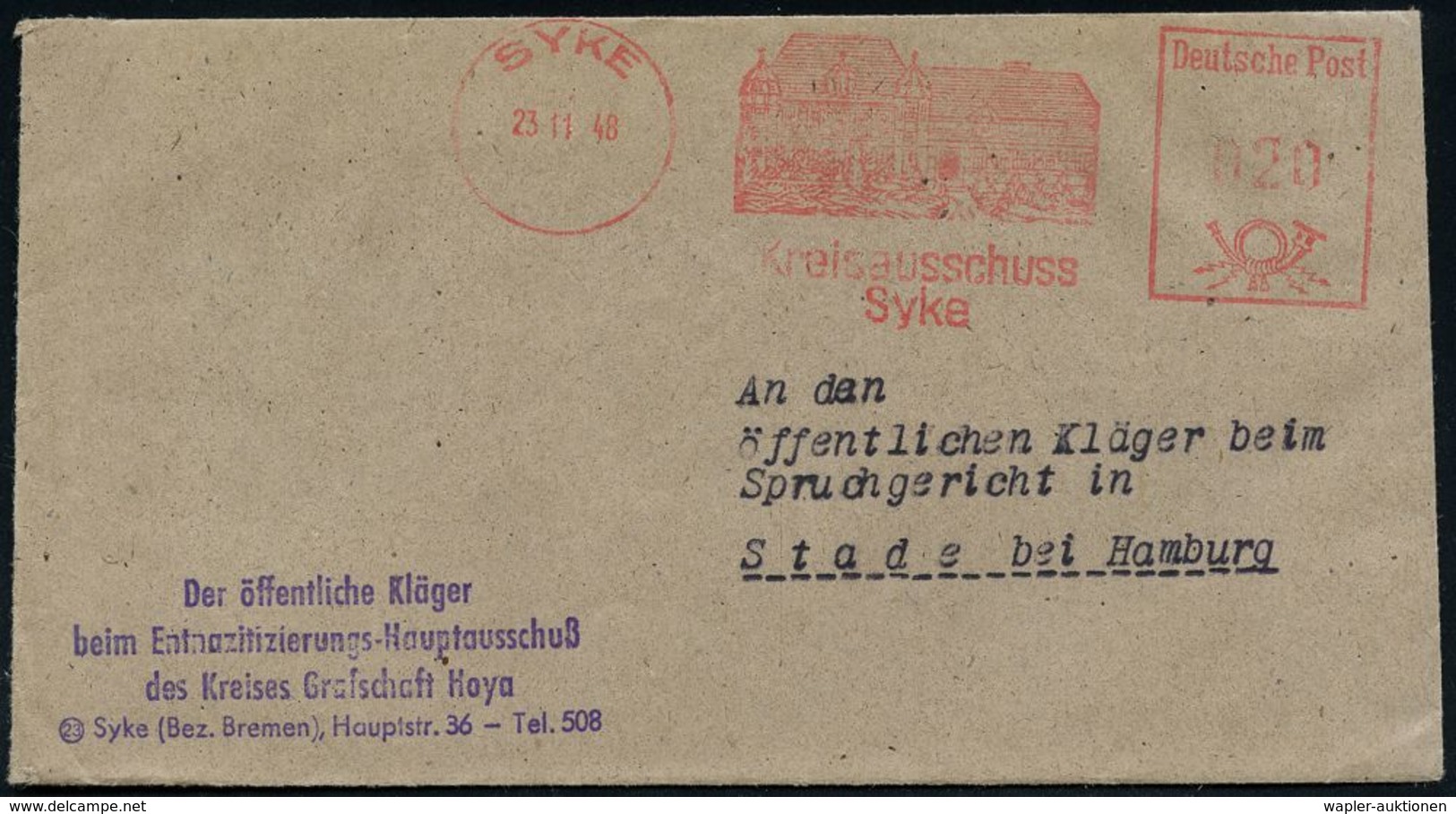 WESTZONEN / BIZONE / TRIZONE (BIS 1949) : SYKE/ Kreisausschuss.. 1948 (23.11.) AFS (Gebäude) + Viol. 4L: Der öffentliche - Altri & Non Classificati