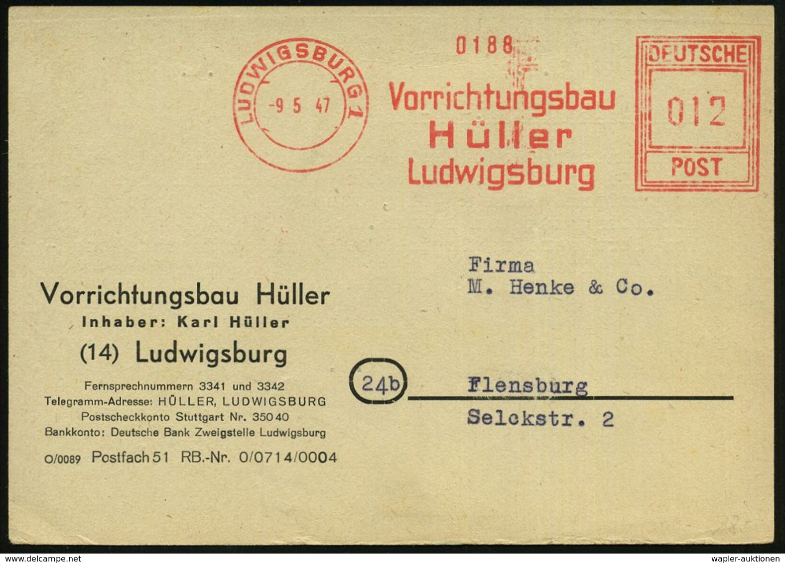 FRANZÖSISCHE BESATZUNGSZONE : LUDWIGSBURG 1/ Vorrichtungsbau/ Hüller.. 1947 (9.5.) Seltene AFS-Typ "Hochrechteck", Statt - Other & Unclassified