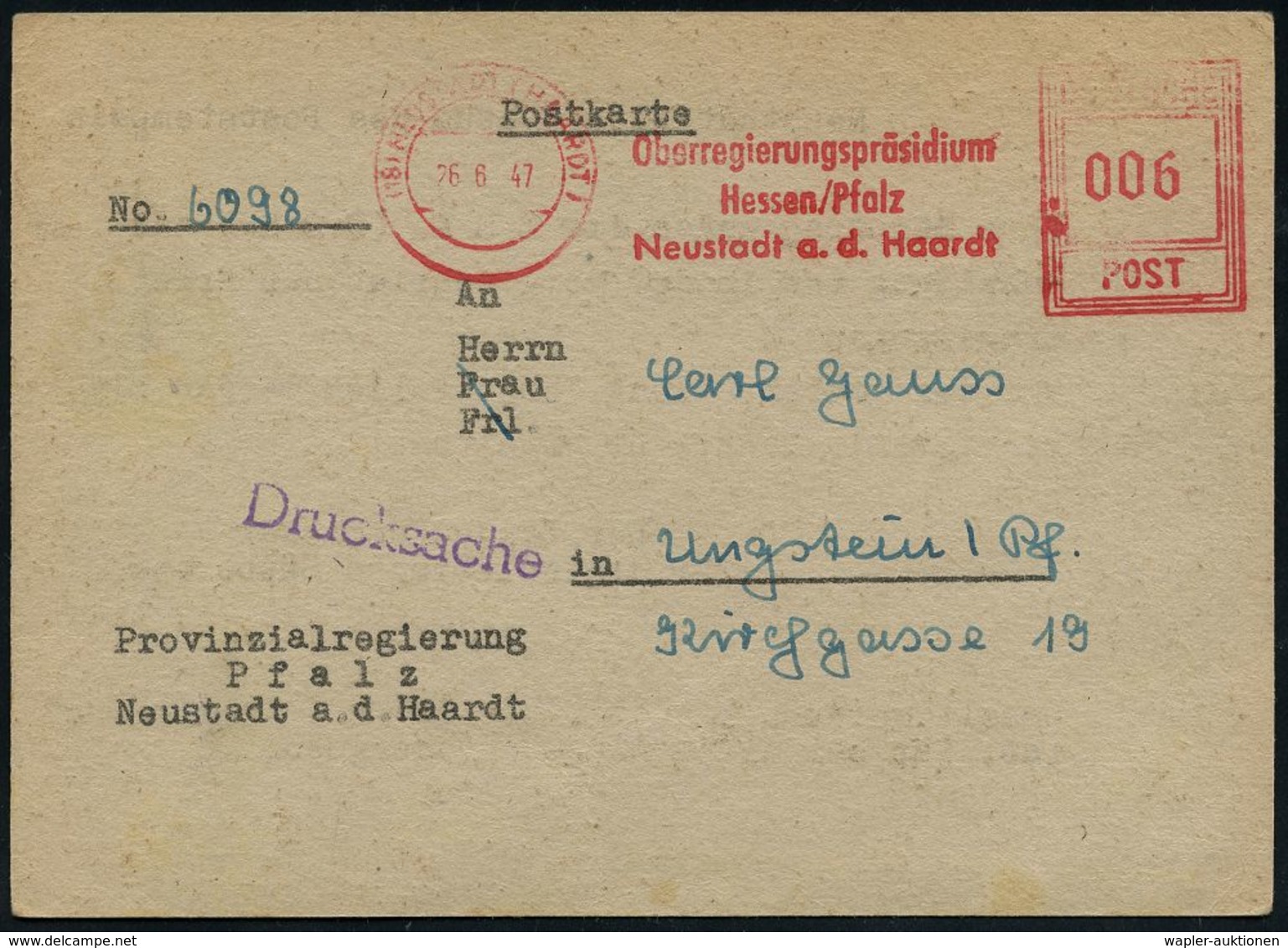 FRANZÖSISCHE BESATZUNGSZONE : (18) NEUSTADT (HAARDT) 1/ Oberregierungspräsidium/ Hessen-Pfalz.. 1947 (26.6.) AFS Francot - Altri & Non Classificati