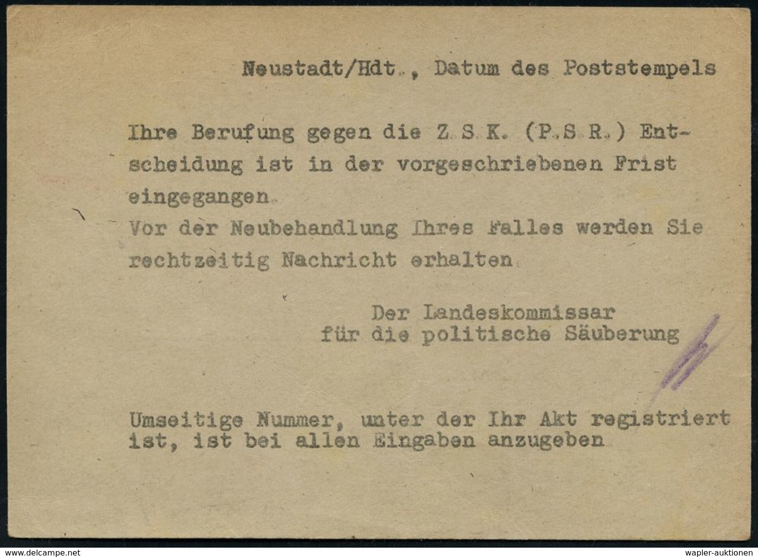 FRANZÖSISCHE BESATZUNGSZONE : (18) NEUSTADT (HAARDT) 1/ Oberregierungspräsidium/ Hessen-Pfalz.. 1947 (26.6.) AFS Francot - Other & Unclassified