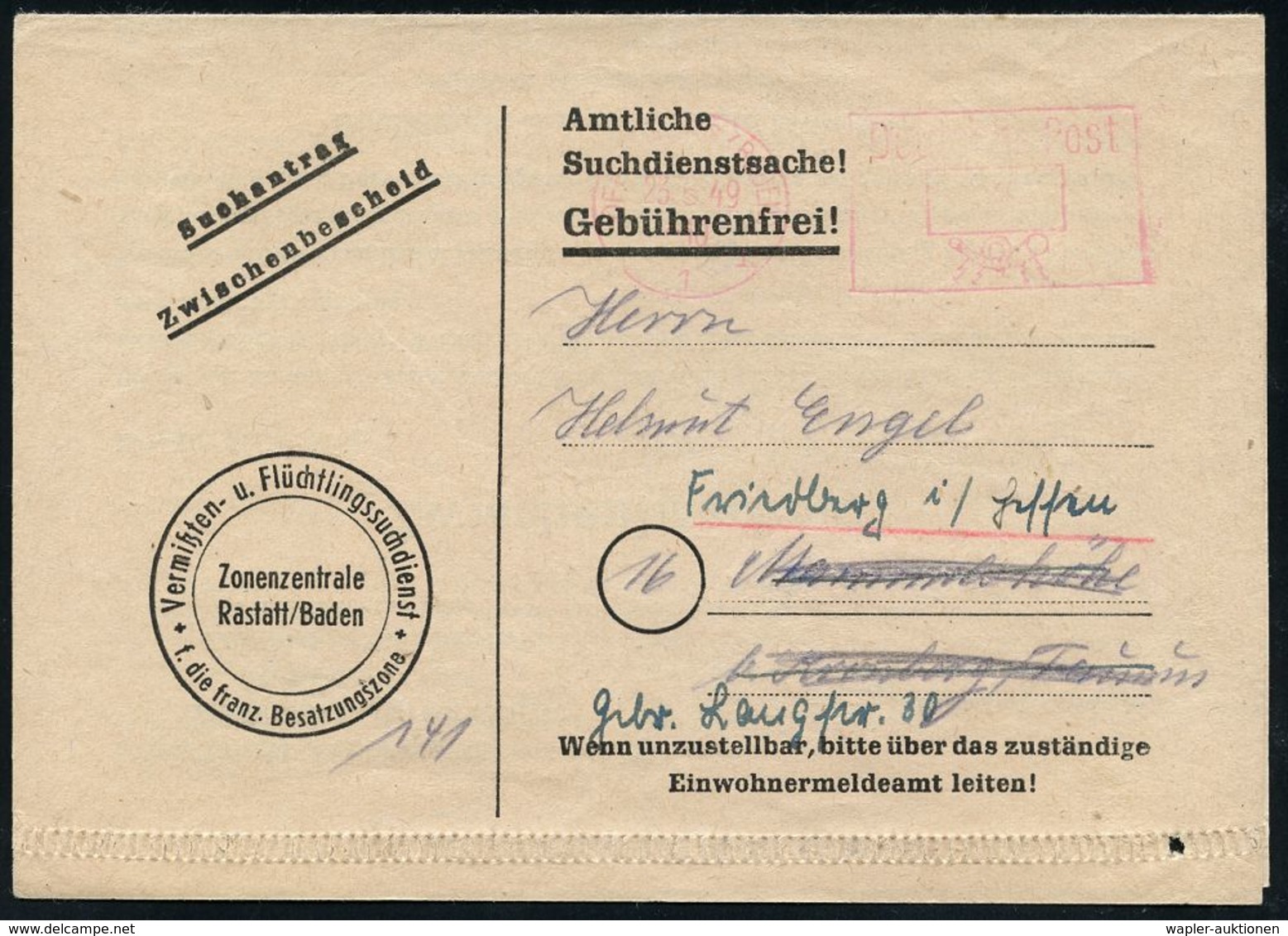 FRANZÖSISCHE BESATZUNGSZONE : OFFENBURG (BADEN)/ 1/ Deutsche Post 1949 (23.5.) PFS "offenes Posthorn" Ohne Wertziffer =  - Other & Unclassified