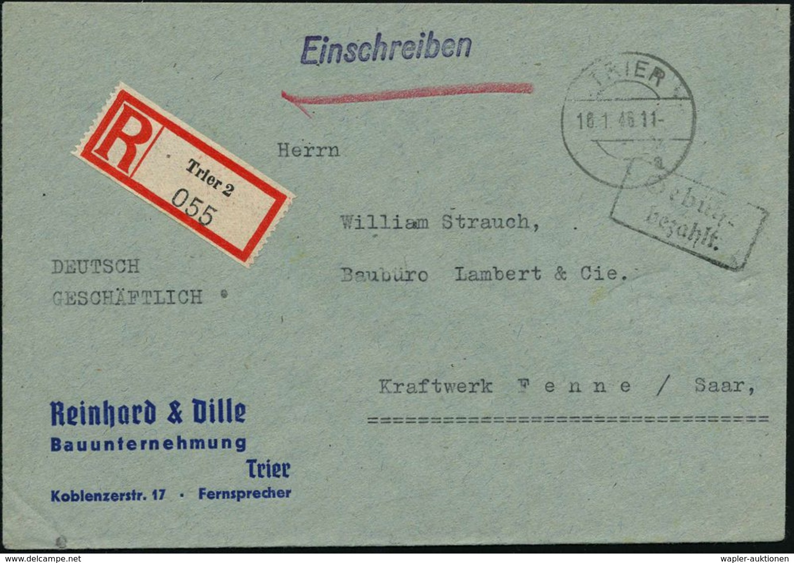 FRANZÖSISCHE BESATZUNGSZONE : TRIER/ 1/ A 1946 (16.1.) 1K-Brücke + Schw. Ra.2: Gebühr/bezahlt. + Reichspost-RZ: Trier 2  - Sonstige & Ohne Zuordnung