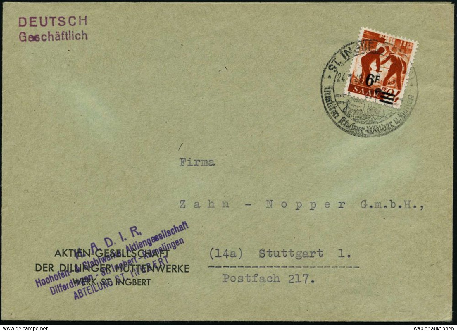 SAARLAND  (1946 - 1959) : ST.INGBERT (SAAR)/ Inmitten Schöner Wälder.. 1946 (24.1.) HWSt Auf EF 6 F./24 Pf. Hochofenarbe - Other & Unclassified