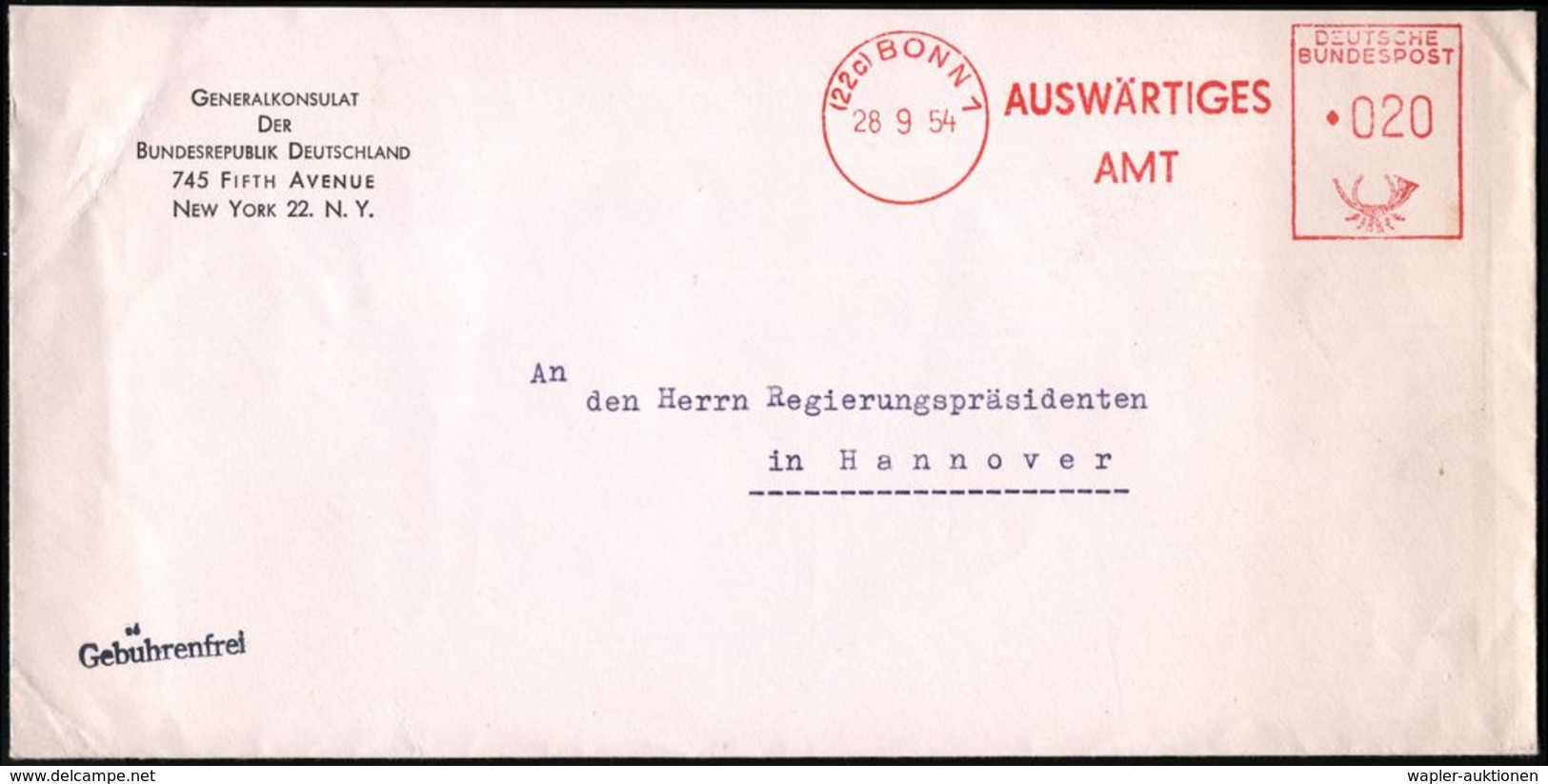 GESCHICHTE DER BUNDESREPUBLIK DEUTSCHLAND : (22c) BONN 1/ AUSWÄRTIGES/ AMT 1954 (28.9.) AFS 020 Pf. Auf Dienst-Bf.: GENE - Other & Unclassified
