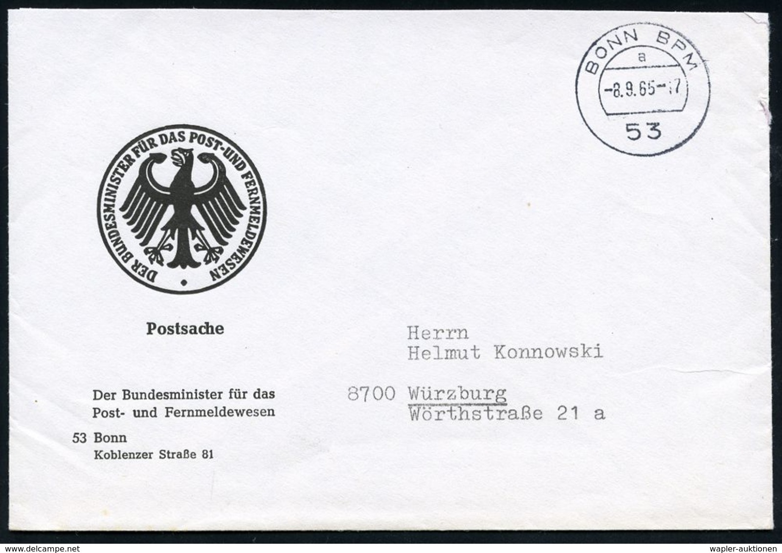 GESCHICHTE DER BUNDESREPUBLIK DEUTSCHLAND : 1 BONN B P M / A 1965 (8.9.) 1K = Hauspostamt B(undes)-P(ost)-Ministerium Au - Sonstige & Ohne Zuordnung