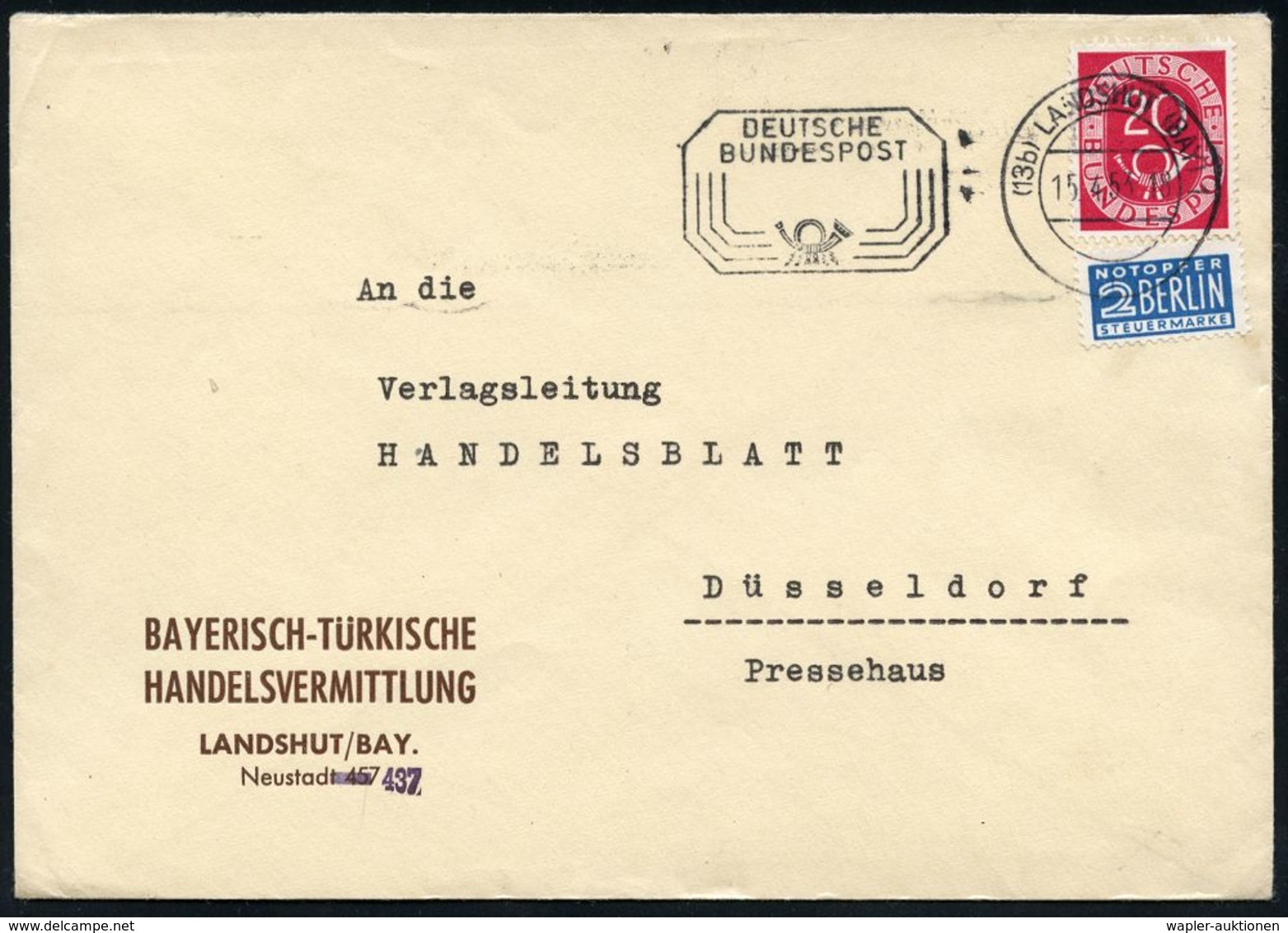 GESCHICHTE DER BUNDESREPUBLIK DEUTSCHLAND : (13b) LANDSHUT (BAY) 1/ I/ DEUTSCHE/ BUNDESPOST 1953 (15.4.) PFS Achteck Pos - Autres & Non Classés