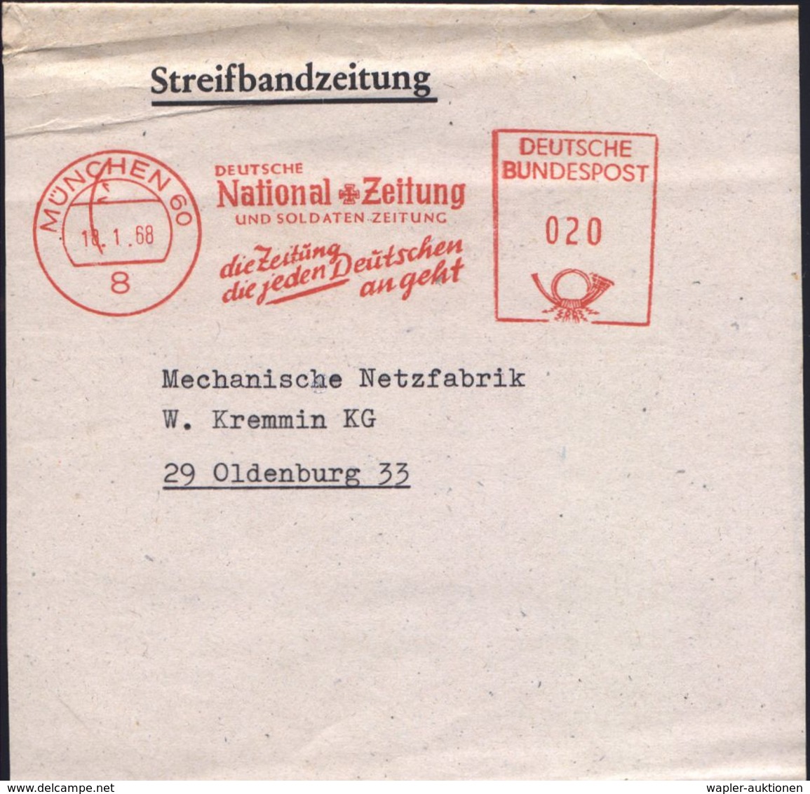 GESCHICHTE DER BUNDESREPUBLIK DEUTSCHLAND : 8 MÜNCHEN 60/ DT./ National Zeitung/ U.SOLDATENZEITUNG.. 1968 (18.1.) AFS 02 - Sonstige & Ohne Zuordnung