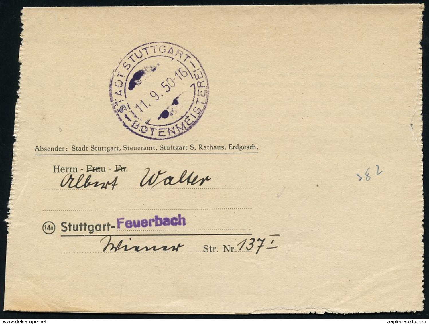 GESCHICHTE DER BUNDESREPUBLIK DEUTSCHLAND : STADT STUTTGART-BOTENMEISTEREI- 1950 (11.9.) 2K Auf Dienst-Falt-Bf. Mit Inha - Other & Unclassified