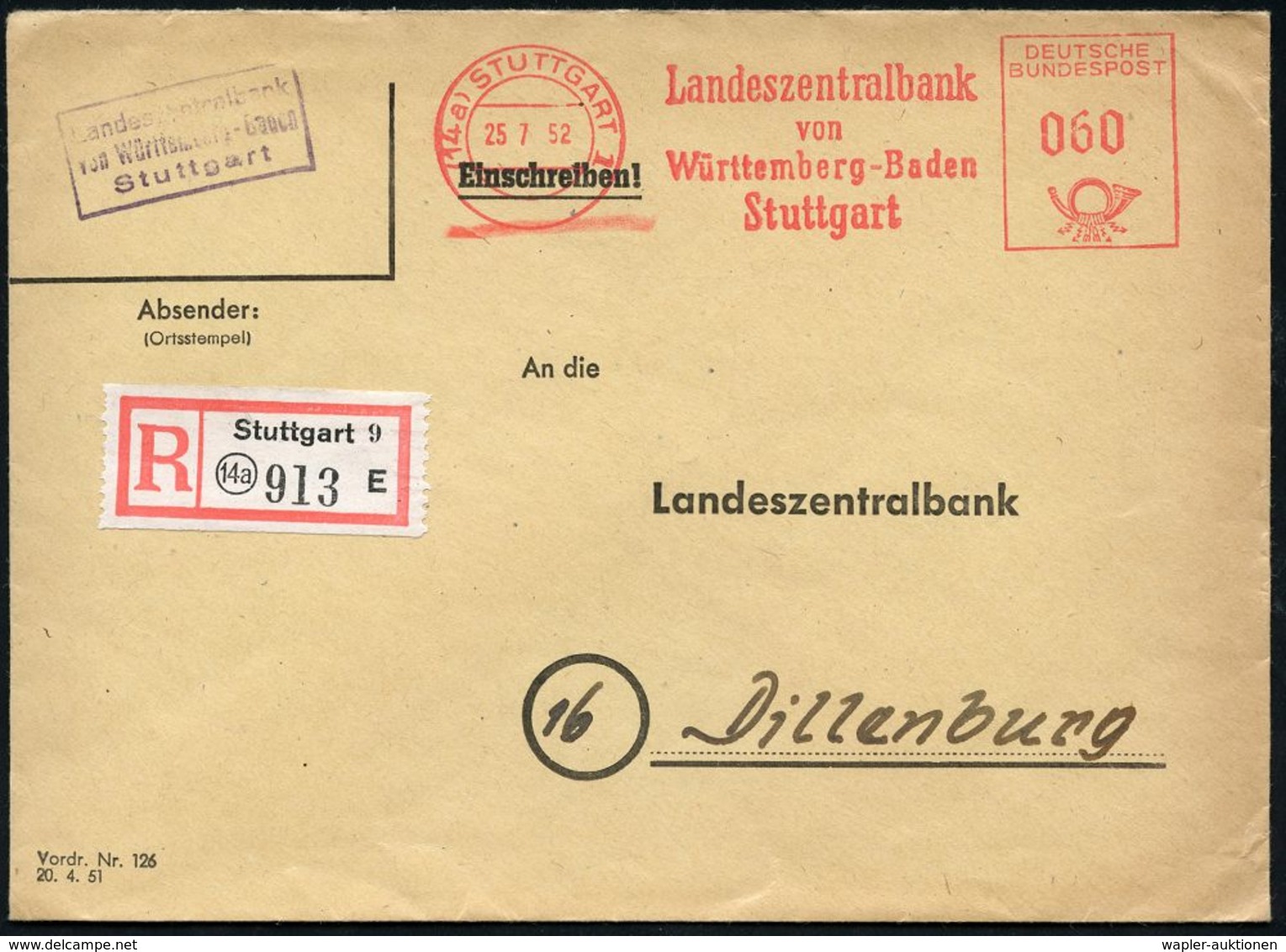 GESCHICHTE DER BUNDESREPUBLIK DEUTSCHLAND : (14a) STUTTGART 1/ Landeszentralbank/ Von/ Baden-Württemberg.. 1952 (25.7.)  - Autres & Non Classés