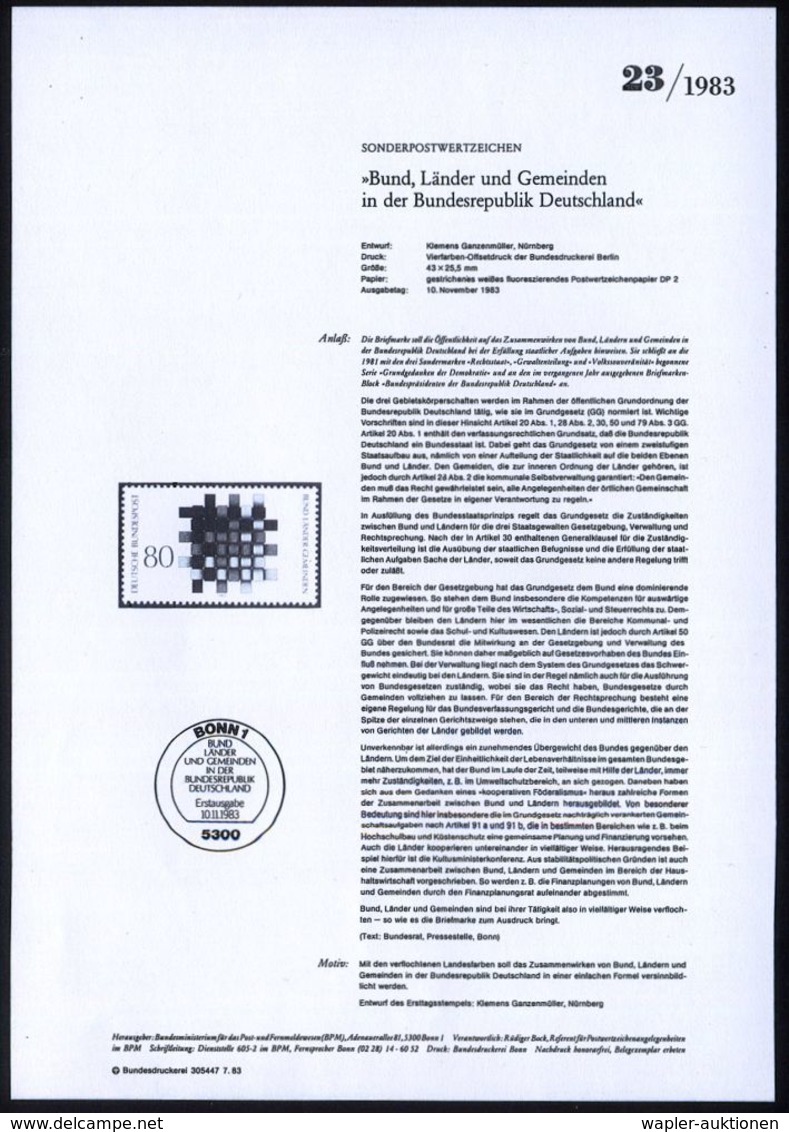 GESCHICHTE DER BUNDESREPUBLIK DEUTSCHLAND : B.R.D. 1983 (Nov.) 80 Pf. "Bund, Länder U.Gemeinden In Der BRD" Mit Amtl. Ha - Autres & Non Classés