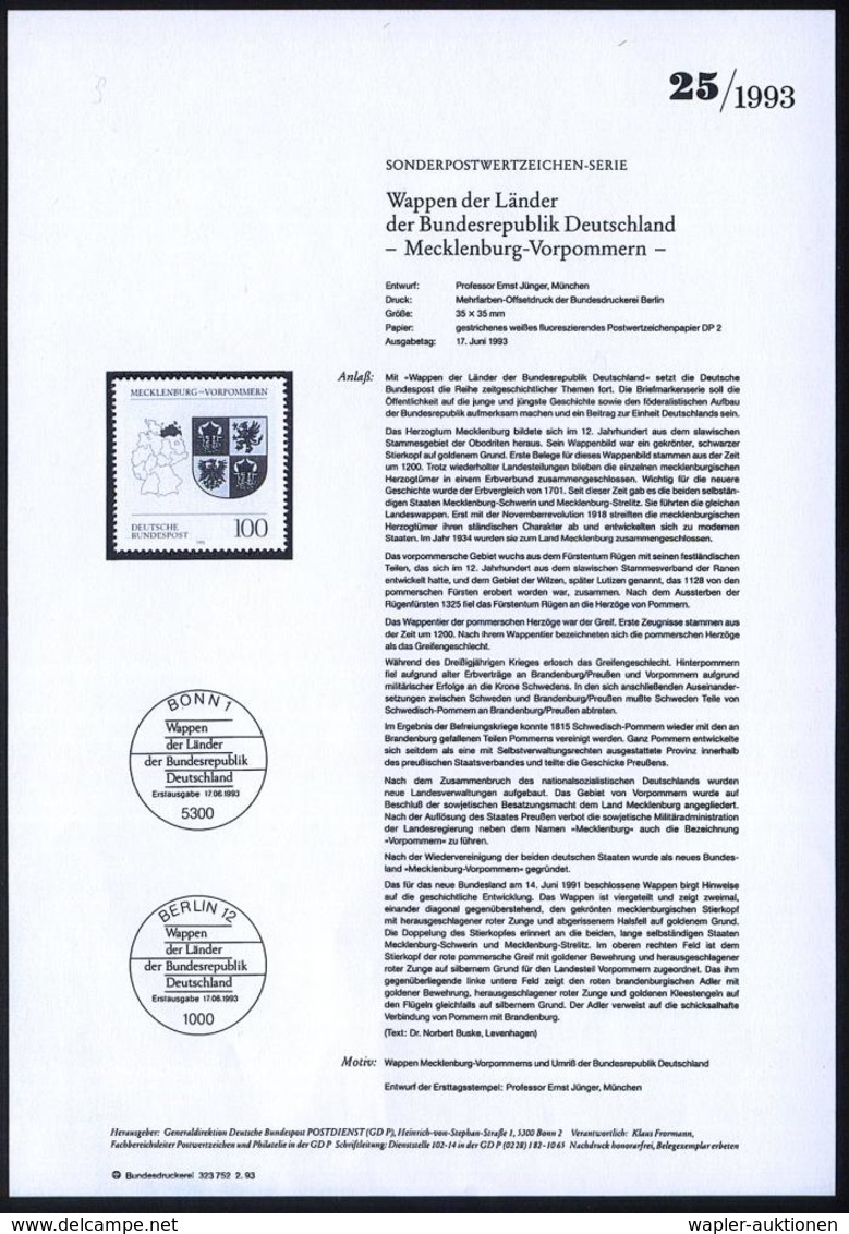 GESCHICHTE DER BUNDESREPUBLIK DEUTSCHLAND : B.R.D. 1993 (Juni) 100 Pf. Wappen Der Bundesländer: Land Mecklenburg-Vorpomm - Autres & Non Classés