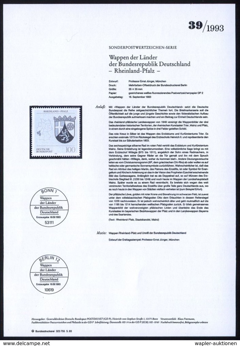 GESCHICHTE DER BUNDESREPUBLIK DEUTSCHLAND : B.R.D. 1993 (Sept.) 100 Pf. Wappen Der Bundesländer: Rheinland-Pfalz Mit Amt - Autres & Non Classés