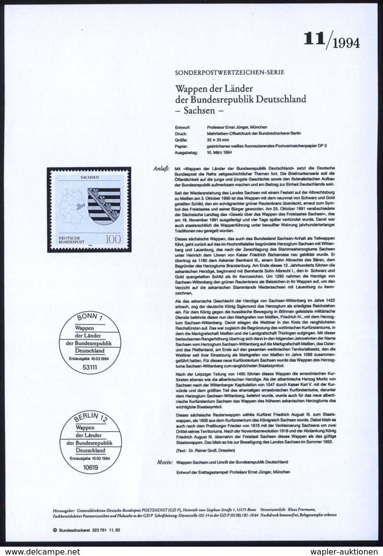 GESCHICHTE DER BUNDESREPUBLIK DEUTSCHLAND : B.R.D. 1994 (März) 100 Pf. Wappen Der Bundesländer: Sachsen Mit Amtl. Handst - Autres & Non Classés