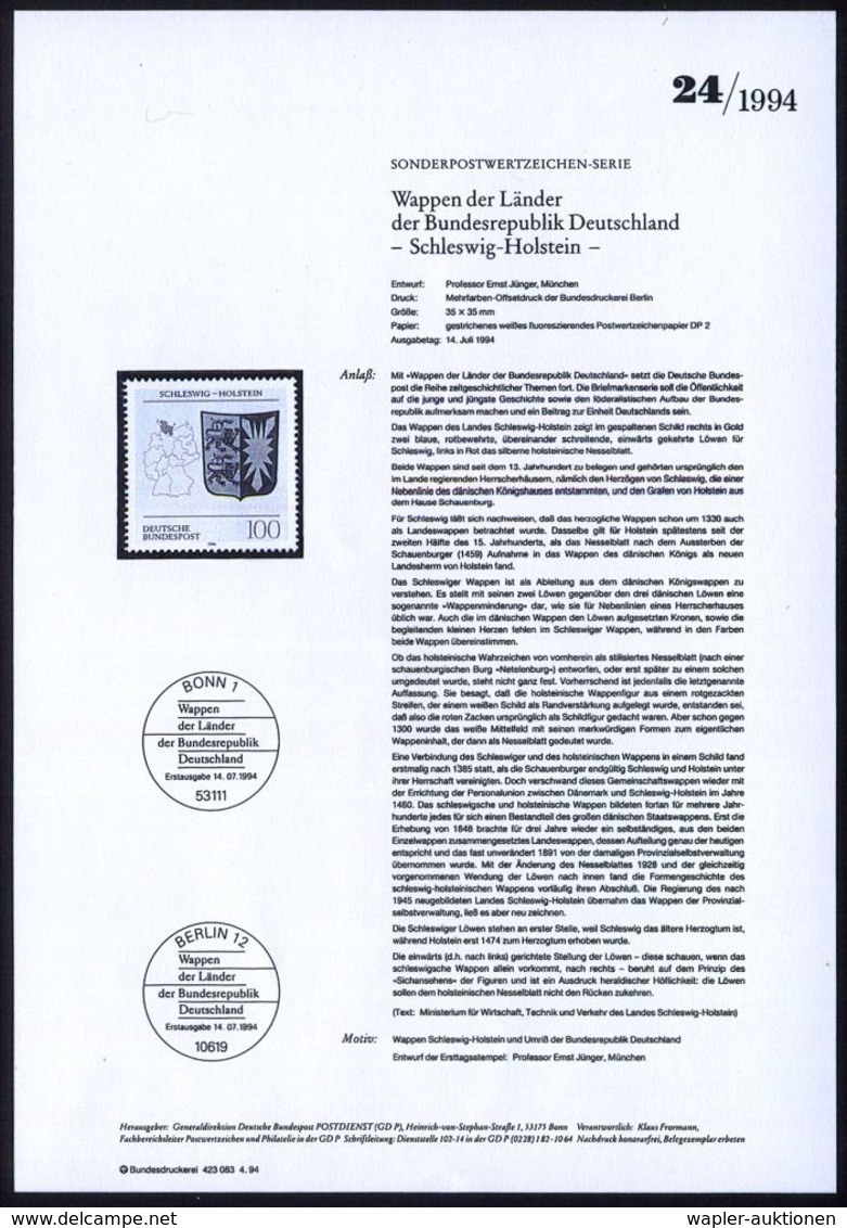 GESCHICHTE DER BUNDESREPUBLIK DEUTSCHLAND : B.R.D. 1994 (Juli) 100 Pf. Wappen Der Bundesländer: Schleswig-Holstein M. Am - Autres & Non Classés