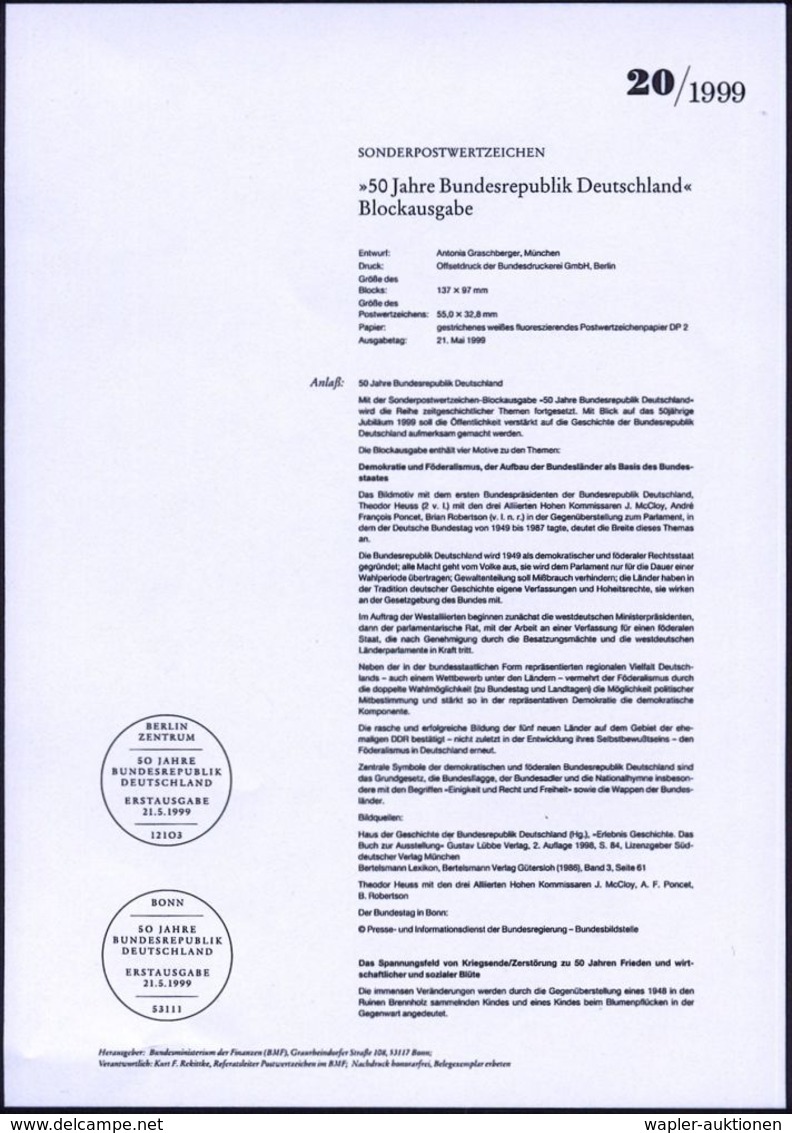 GESCHICHTE DER BUNDESREPUBLIK DEUTSCHLAND : B.R.D. 1999 Block "50 Jahre BRD" 110 + 110 + 110 + 110 Pf. = 4 Marken, Alle  - Altri & Non Classificati