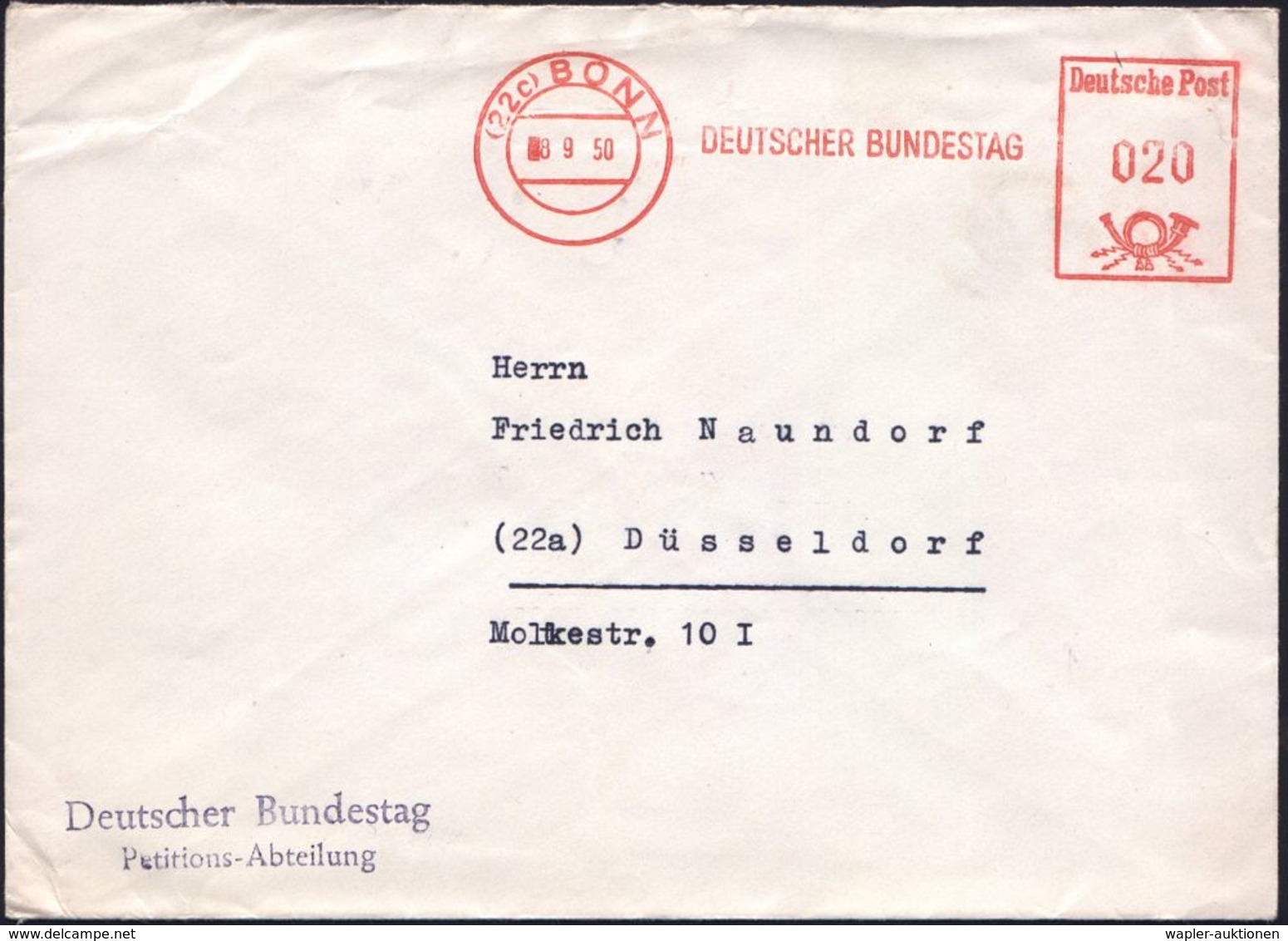 B.R.D.: REGIERUNGSINSTITUTIONEN / BUNDESTAG / BUNDESRAT / BUNDESPRÄSIDIALAMT : (22c) BONN/ DEUTSCHER BUNDESTAG 1950 (8.9 - Other & Unclassified