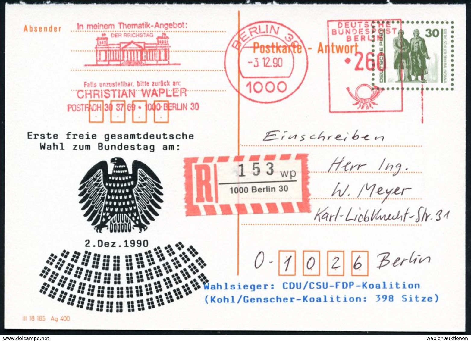 B.R.D.: REGIERUNGSINSTITUTIONEN / BUNDESTAG / BUNDESRAT / BUNDESPRÄSIDIALAMT : D.D.R. /  VGO 1990 (3.12.) Amtl. VGO Antw - Sonstige & Ohne Zuordnung