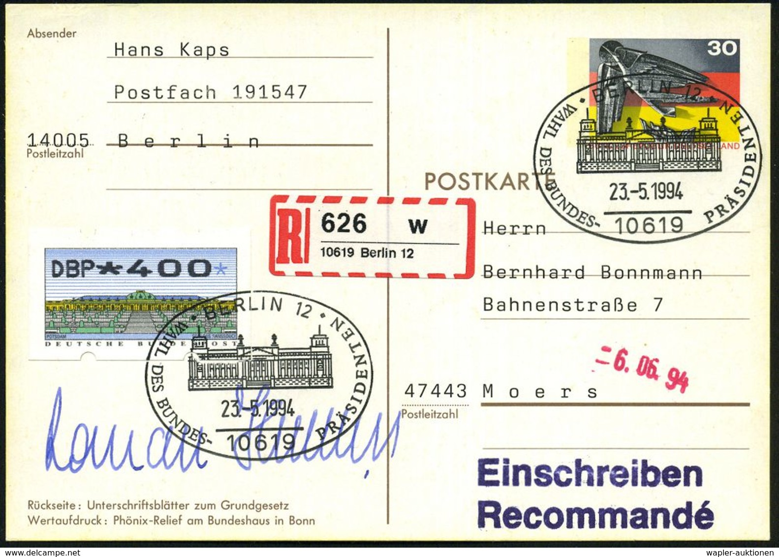 B.R.D.-BUNDESPRÄSIDENTEN & BUNDESKANZLER : 10619 BERLIN 12/ WAHL DES BUNDES-PRÄSIDENTEN 1994 (23.5.) SSt = Reichstag Auf - Sonstige & Ohne Zuordnung