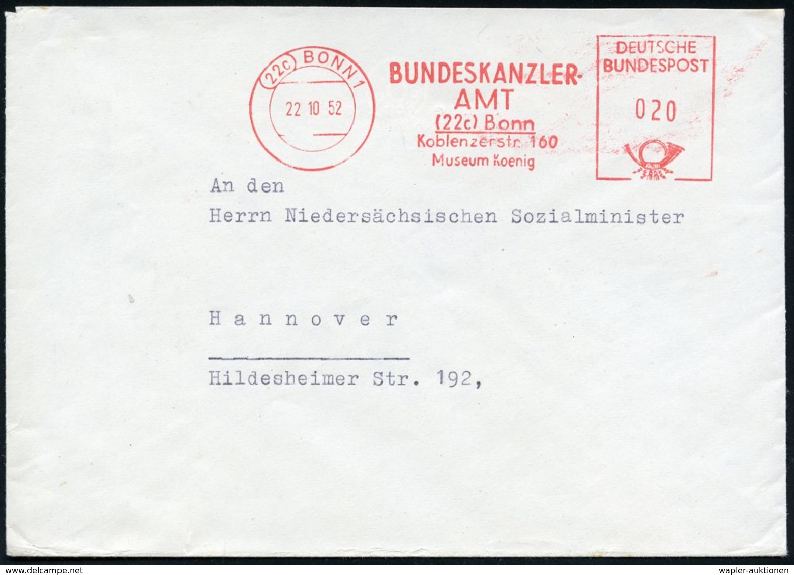 B.R.D.-BUNDESPRÄSIDENTEN & BUNDESKANZLER : (22c) BONN 1/ BUNDESKANZLER-/ AMT/ Koblenzerstr.100/ Museum Koenig 1952 (22.1 - Autres & Non Classés
