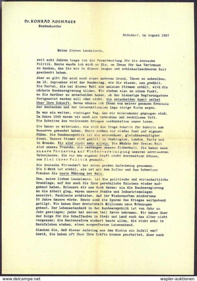 B.R.D.-BUNDESPRÄSIDENTEN & BUNDESKANZLER : Bonn-Rhöndorf 1957 (1.8.) Postwurfsendung "An Alle Haushalte In Der Bundesrep - Altri & Non Classificati