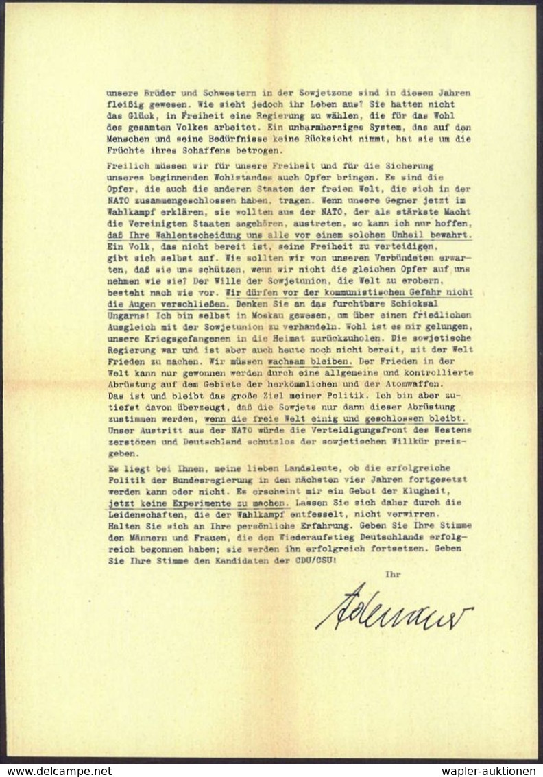 B.R.D.-BUNDESPRÄSIDENTEN & BUNDESKANZLER : Bonn-Rhöndorf 1957 (1.8.) Postwurfsendung "An Alle Haushalte In Der Bundesrep - Autres & Non Classés