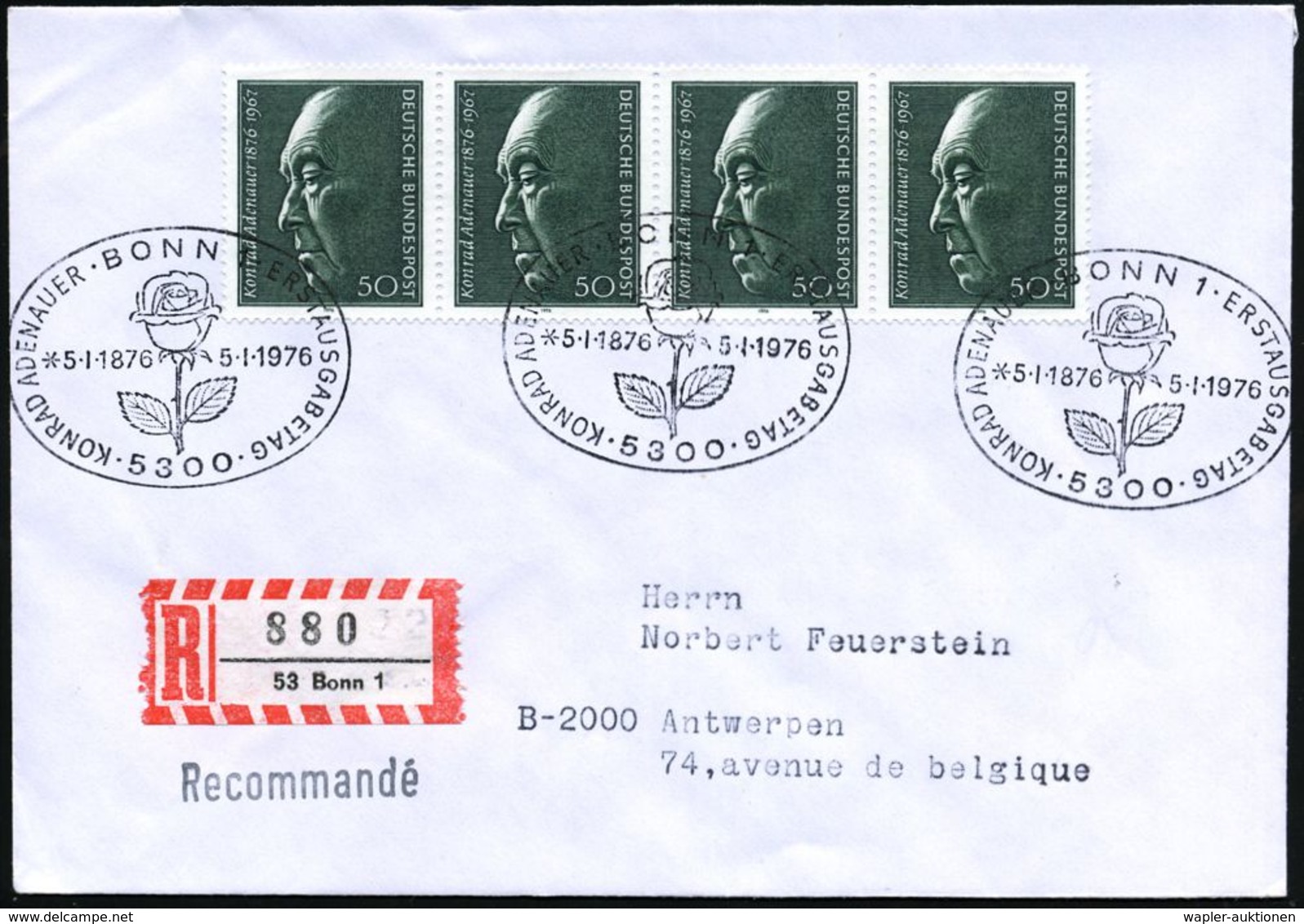 B.R.D.-BUNDESPRÄSIDENTEN & BUNDESKANZLER : 5300 BONN/ KONRAD ADENAUER/ * 5.1.1876.. 1976 (5.1.) SSt (Rose) 3x Auf 4er-St - Other & Unclassified