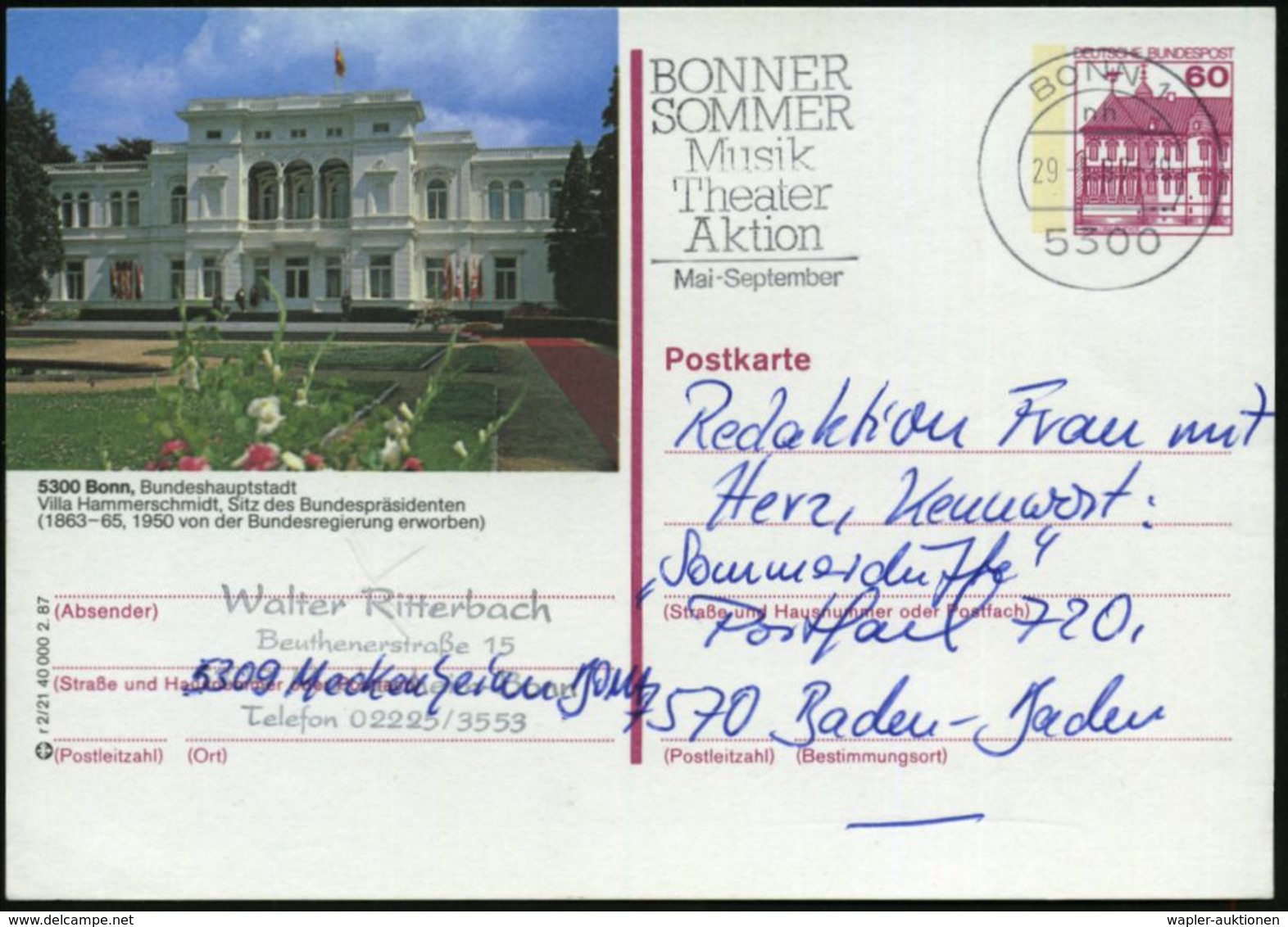B.R.D.-BUNDESPRÄSIDENTEN & BUNDESKANZLER : 5300 Bonn 1987 (29.5.) BiP 60 Pf. Burgen: Bonn, Bundeshauptstadt/Villa Hammer - Autres & Non Classés
