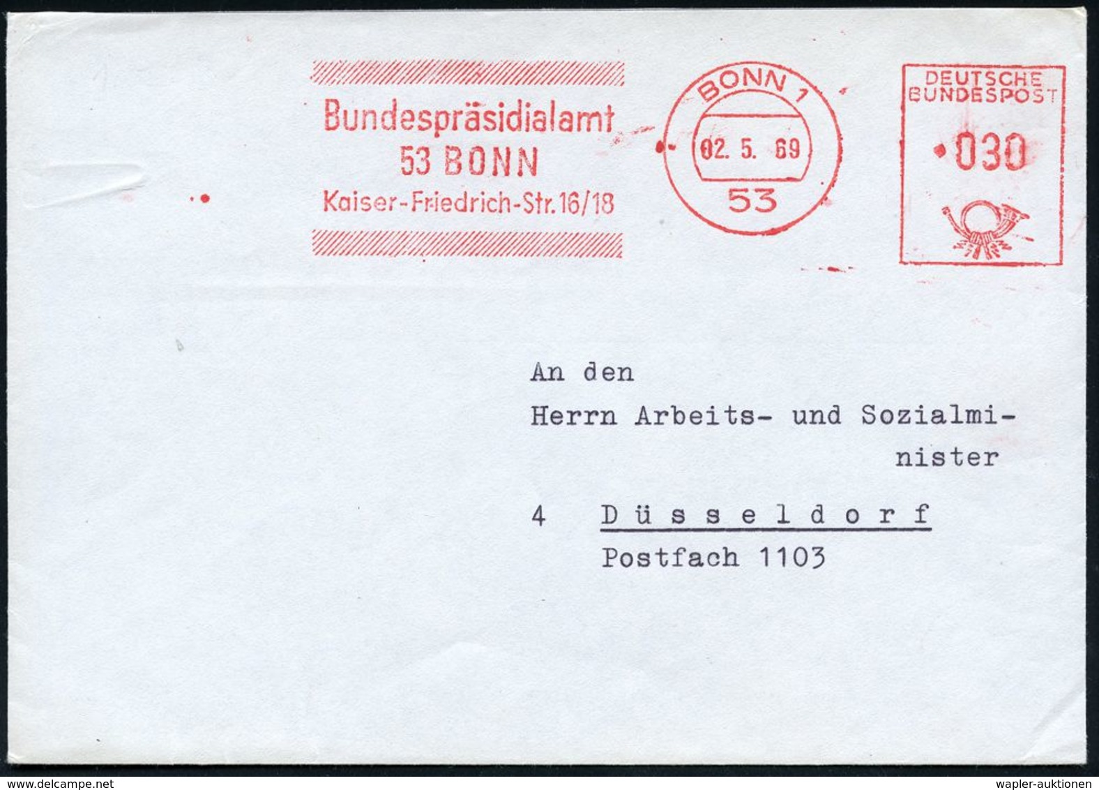 B.R.D.-BUNDESPRÄSIDENTEN & BUNDESKANZLER : 53 BONN 1/ Bundespräsidialamt/ 53 BONN/ Kaiser-Friedr.-Str.16-18 1968 (2.5.)  - Altri & Non Classificati