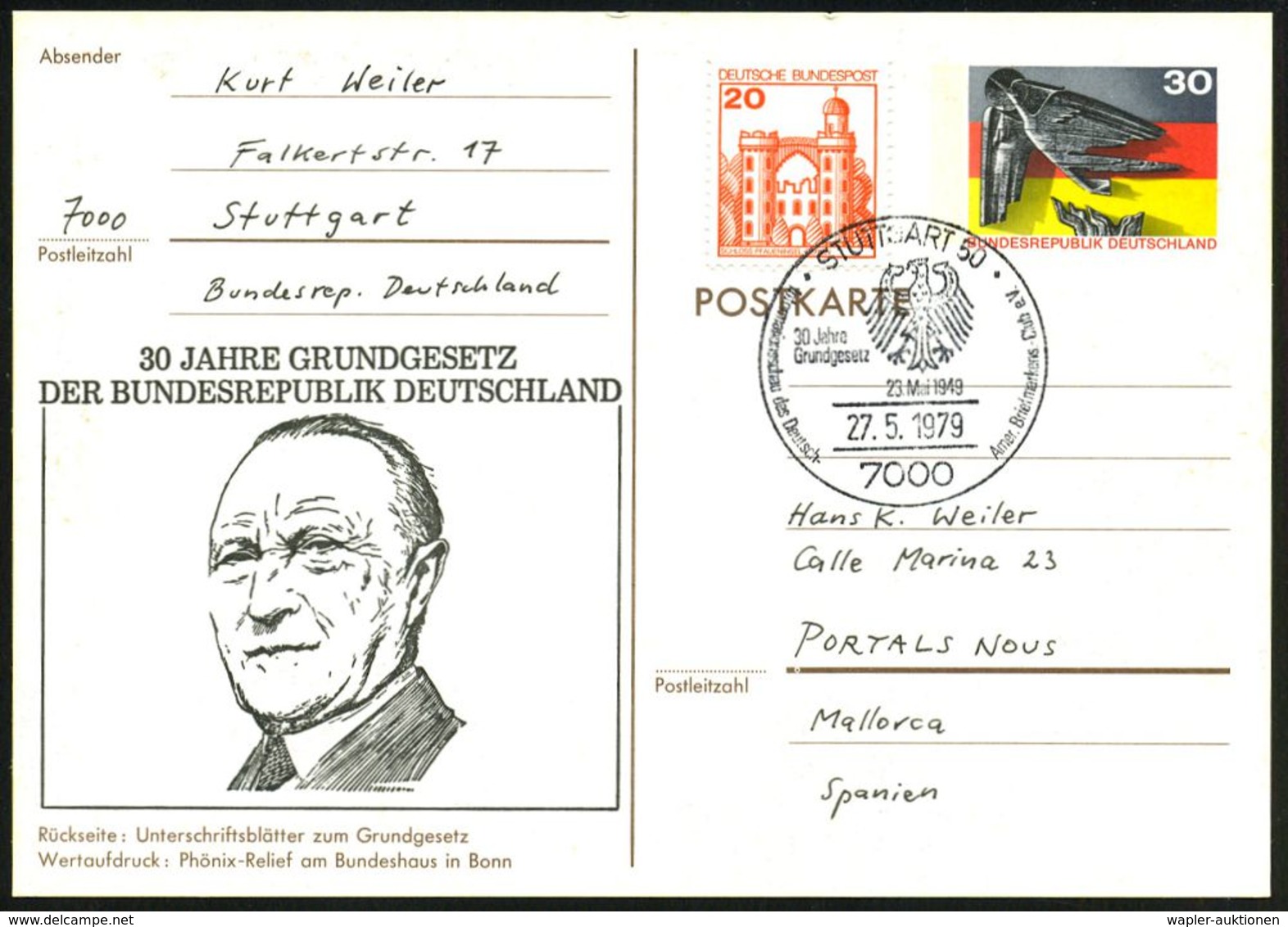 B.R.D.-BUNDESPRÄSIDENTEN & BUNDESKANZLER : 7000 STUTTGART 50/ 30 Jahre/ Grundgesetz.. 1979 (27.5.) SSt (Bundesadler) Auf - Autres & Non Classés