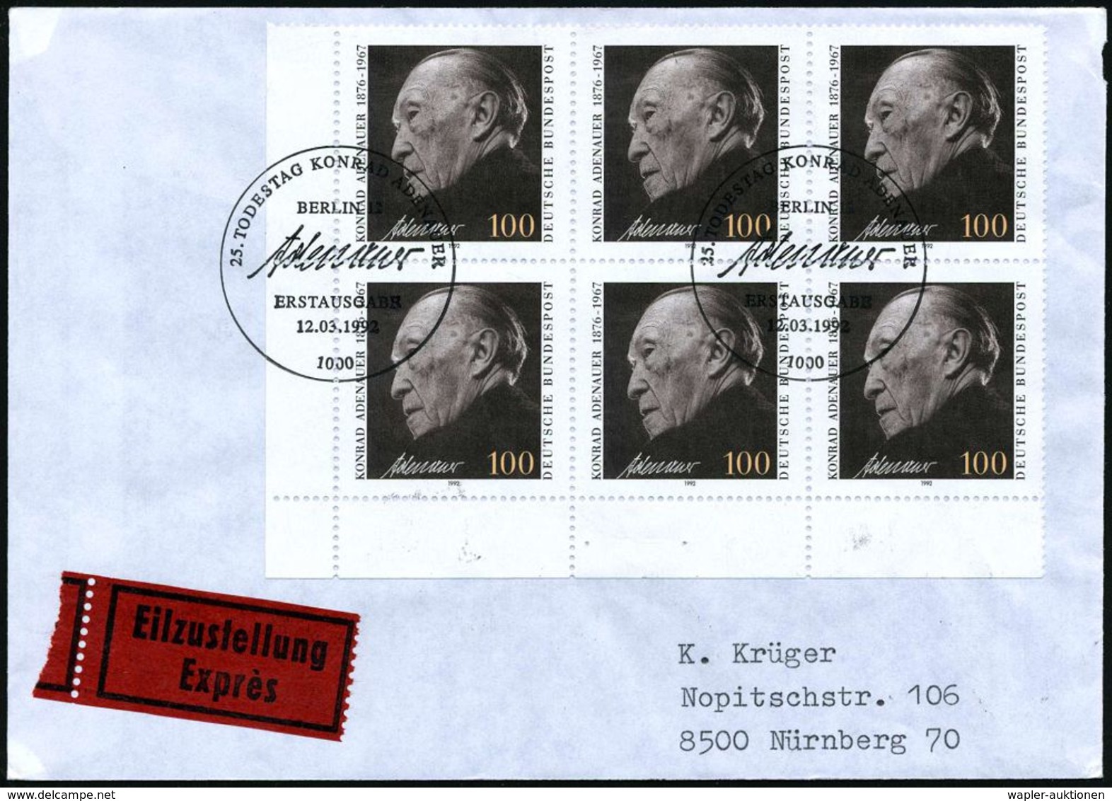 B.R.D.-BUNDESPRÄSIDENTEN & BUNDESKANZLER : B.R.D. 1992 (12.3.) 100 Pf. "25. Todestag K. Adenauer", 6er-Block + 2x  ET-SS - Autres & Non Classés