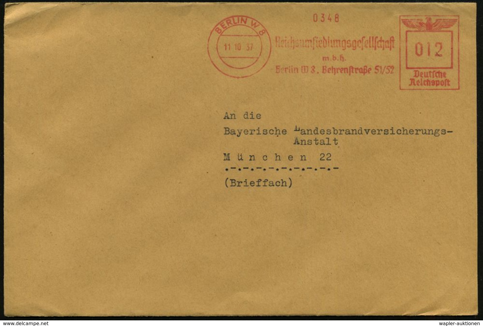 GESCHICHTE VON BERLIN : BERLIN W 8/ Reichssiedlungsgesellschaft/ M.b.H./ Berlin.. 1937 (11.10.) Seltener AFS, Seltener F - Other & Unclassified