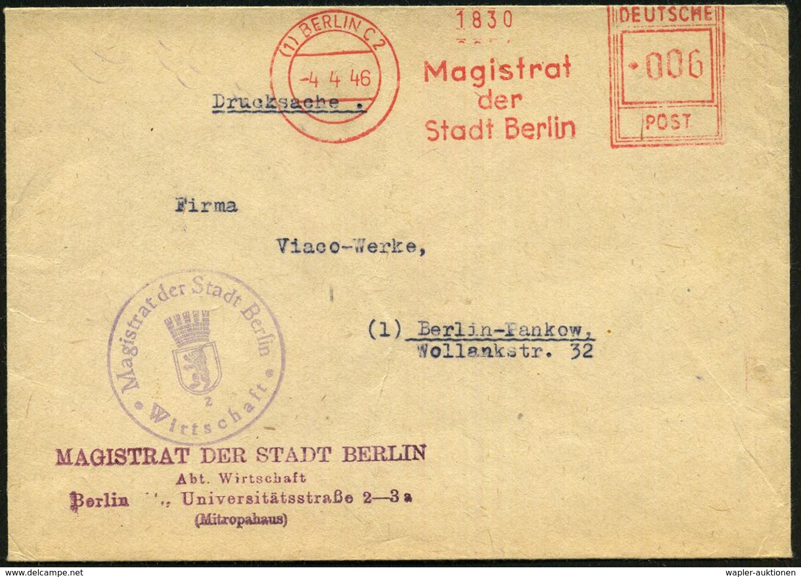 GESCHICHTE VON BERLIN : (1) BERLIN C 2/ Magistrat/ Der/ Stadt Berlin 1946 (4.4.) Seltener AFS-Typ "Hochrecht" + Viol. 1K - Autres & Non Classés